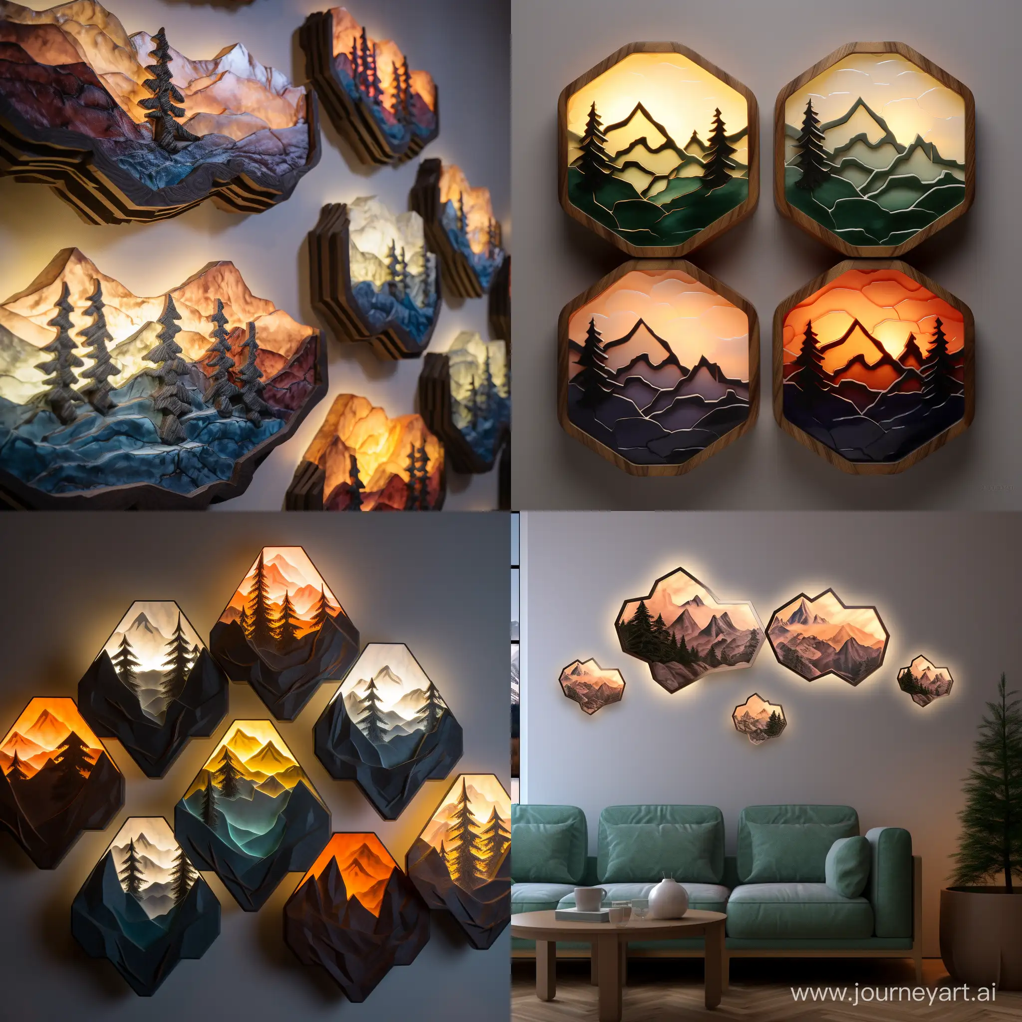 Vibrant-Hexagonal-Wall-Lamps-with-Mountain-and-Tree-Relief