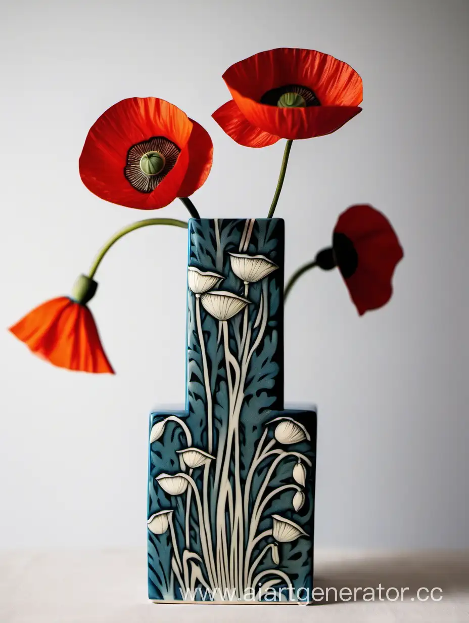 A square Minimalistic vase with a pattern of poppies inspired by William Morris