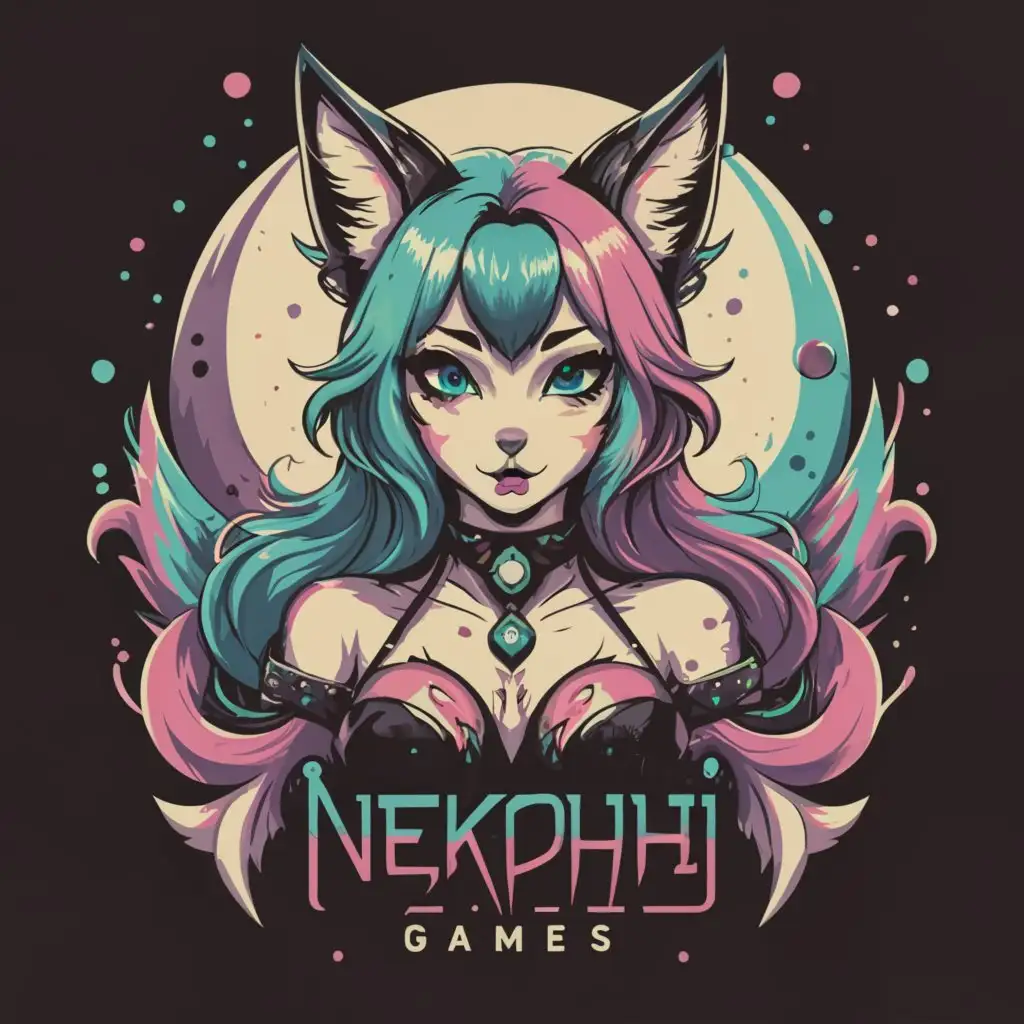 a logo design, with the text 'NekoPhi Games', main symbol: sexy wolfgirl portrait moon anime purple teal heterochromia bra, Minimalistic, to be used in Entertainment industry, black clear background