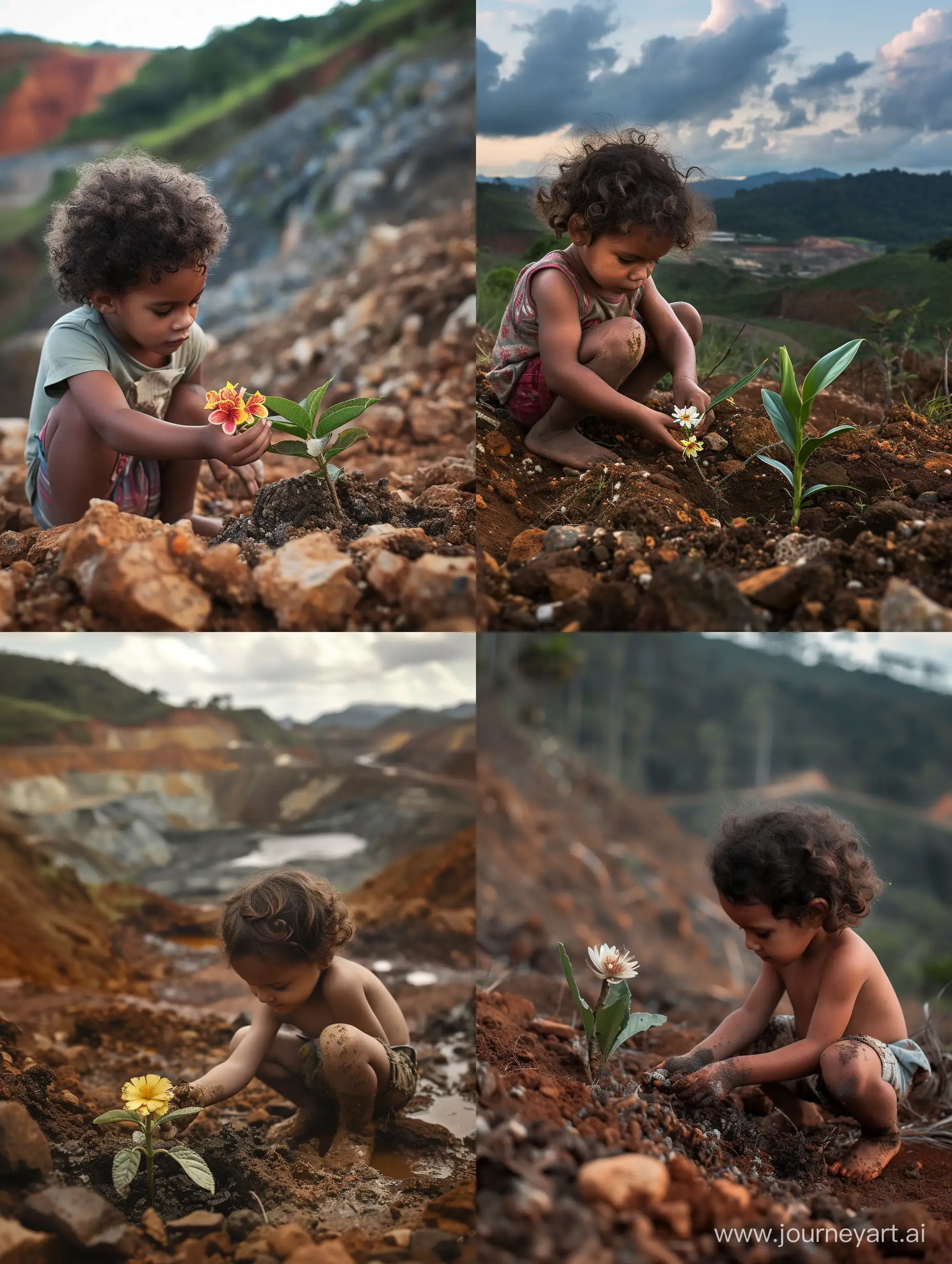 preservation in Minas Gerais contrasting with ore exploration, a child between these worlds cultivating a flower