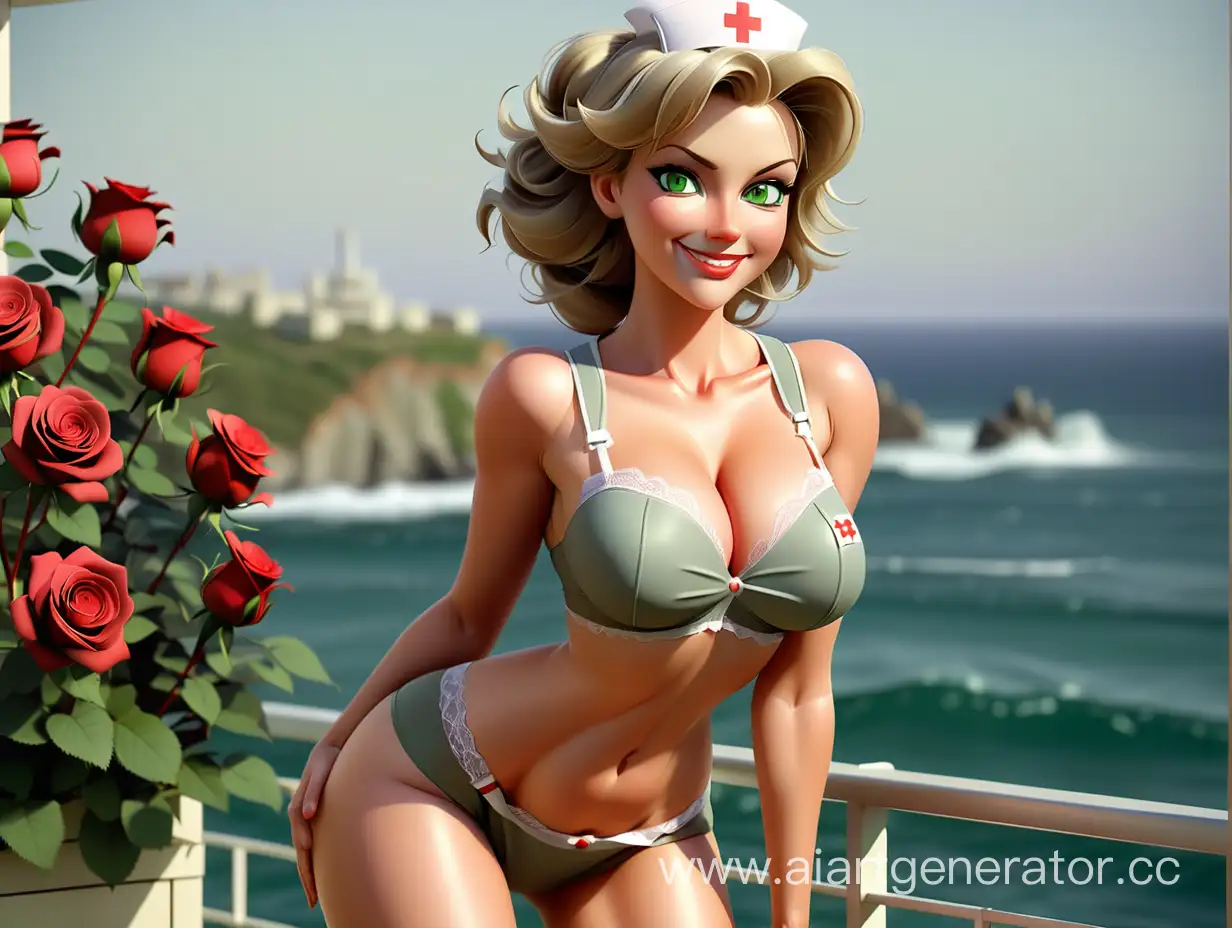 Elegant-Mature-Nurse-with-Sensual-Smile-by-the-Sea-Among-Red-Roses