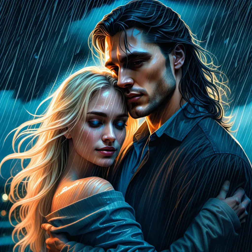 beautifully handsome man with long dark hair, clutching a pretty blond woman, rainy night background,, Colored Pencil, Ink, Hyperdimensional, Light Blue Foreground, Warm Color Palette, Volumetric Lighting, Beautiful Lighting, fantasy, with a carved effect, hyper-realistic, sharp focus