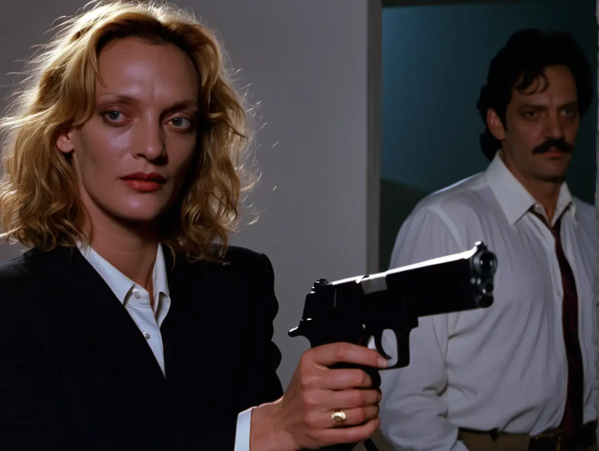 1985, vhs still, long wide shot, uma thurman with a gun, she is waiting, a man is there
