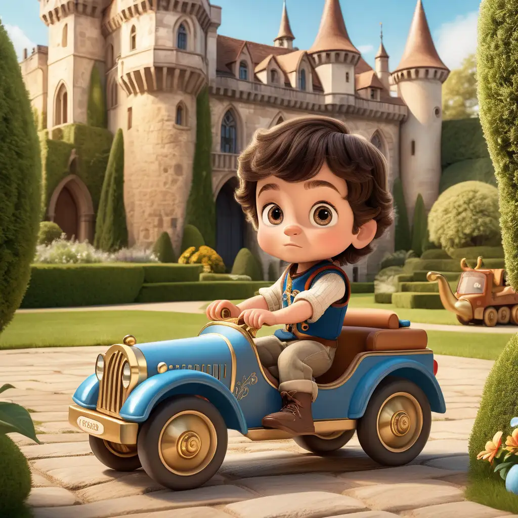 a charming three-year-old prince boy with dark brown hair and adorable big, expressive eyes. , playing in a beautiful garden in a medieval setting, there are some wooden vehicle toys, The backdrop showcases a picturesque palace. Aim for a Pixar-style rendering.