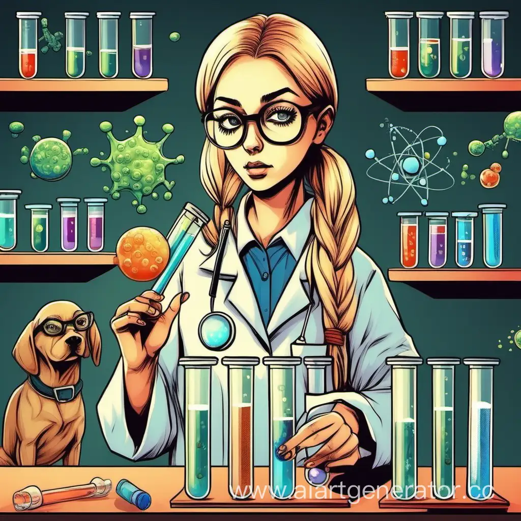 Scientist-Girl-with-Dogs-Conducting-Experiments-with-Bacteria