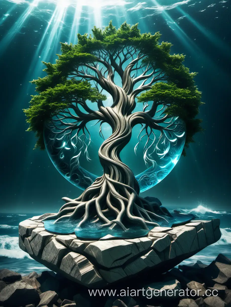 мировое дерево на камне Алатырь в океане