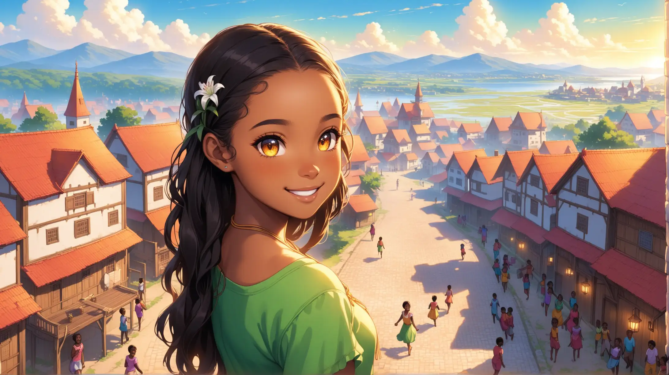  wide shot Lily a cheerful light skin ebony teen with a spark of kindness in her eyes, returning to her town, lily in the foregroung, and the town in the background with people in midground cheery her 