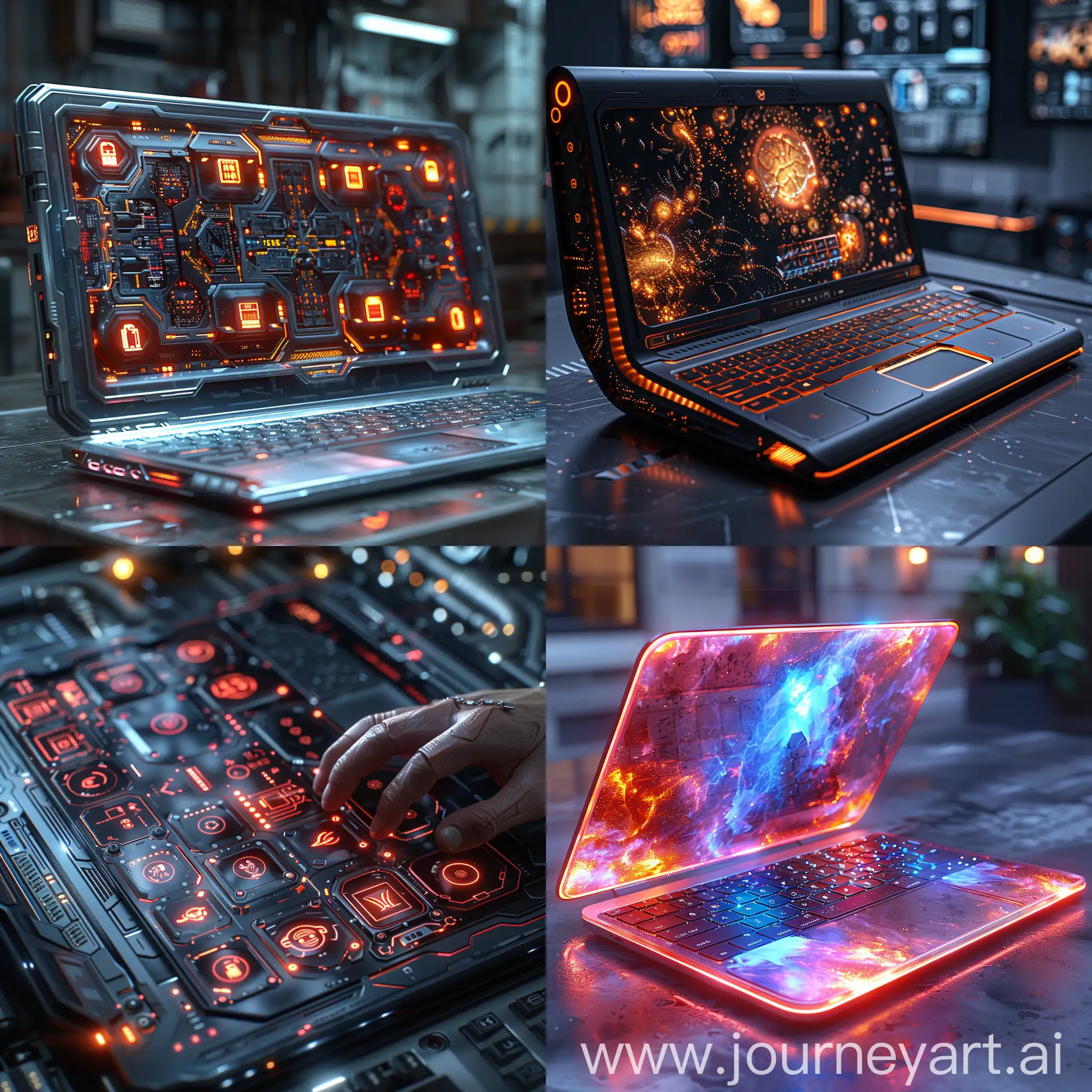 Futuristic laptop, high tech, Foldable or rollable displays, Augmented reality (AR) and virtual reality (VR) capabilities, Brain-computer interfaces (BCIs), Self-healing materials, Ultra-fast processors and graphics cards, Improved battery life, octane render --stylize 1000