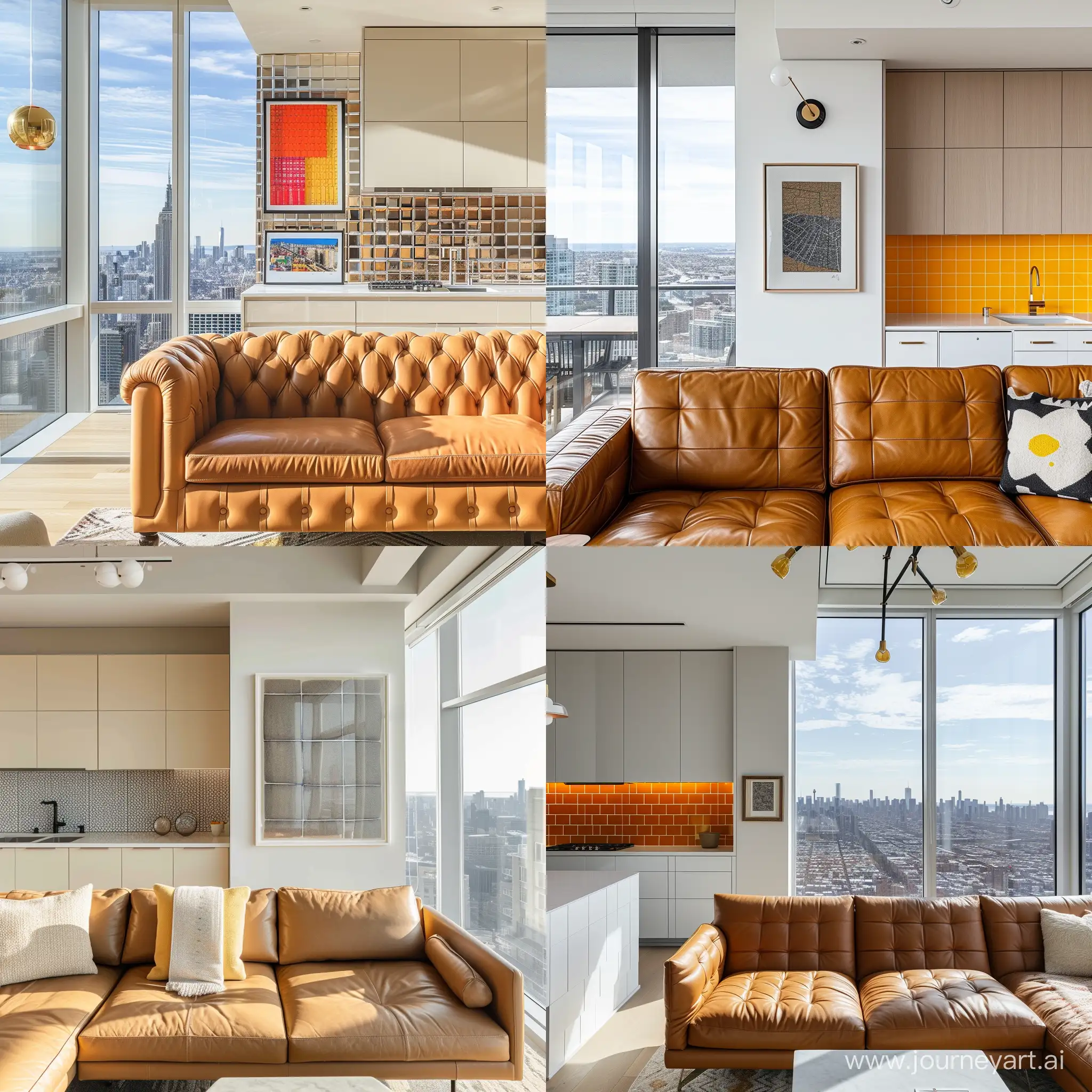 красивый современный интерьер, панорамные окна, вид с 85 этажа,  кожанный диван, текстиль, кухня светлая с ярким фартуком, принты