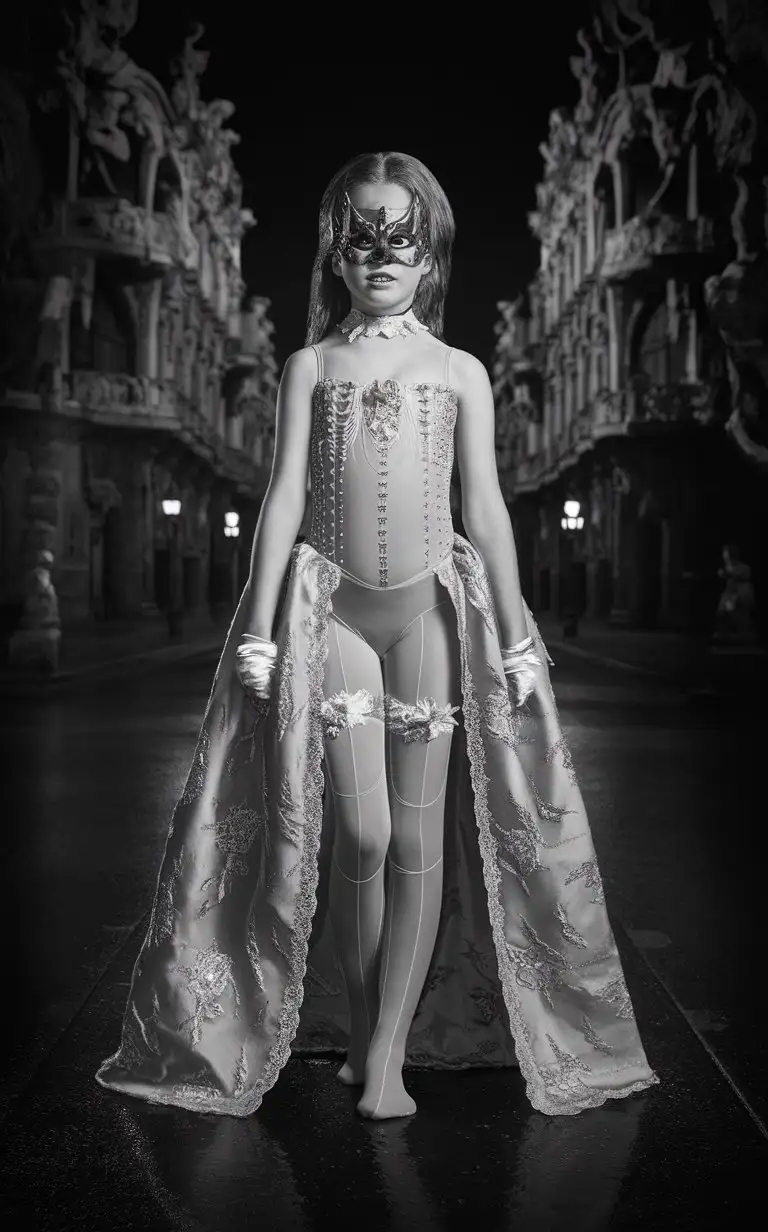 Eerie-Noir-Portrait-of-a-Young-Girl-in-Baroque-Mask-and-Bodystocking-in-a-Nighttime-City-Setting