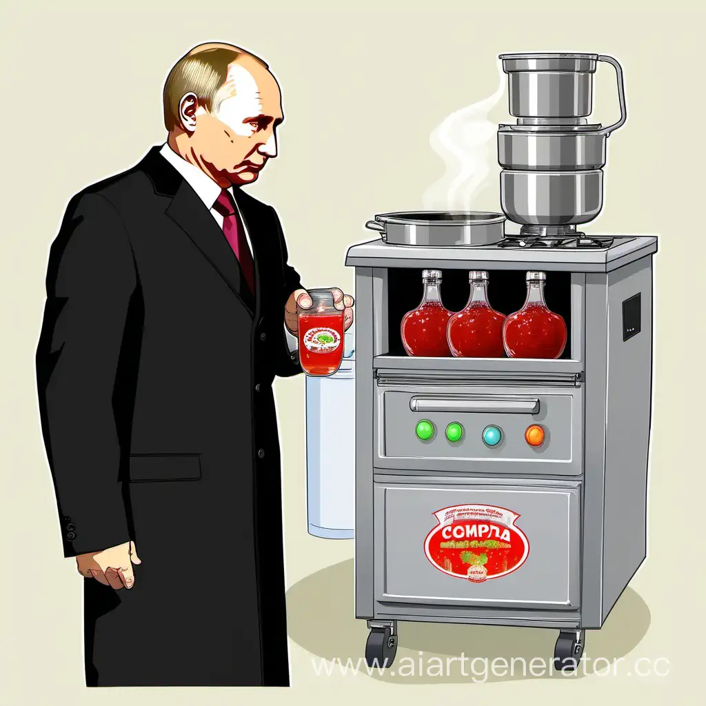 Машина для варки компота, рядом Путин пьёт компот
