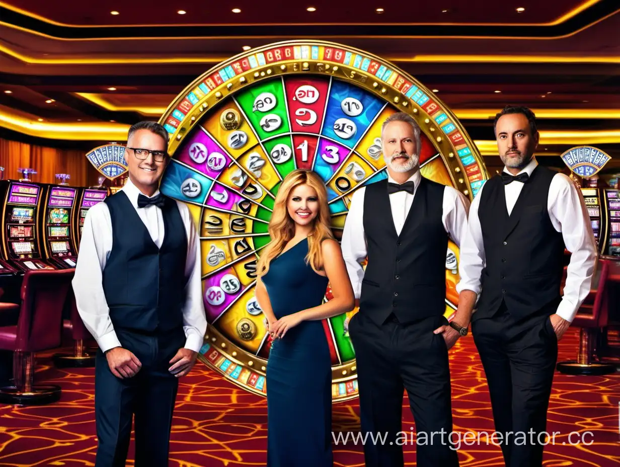 A team of 3 dealers standing in front of the wheel of fortune in the casino