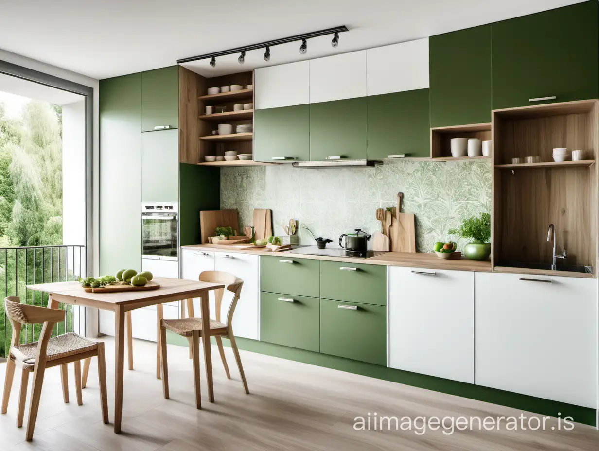 A modern and stylish kitchen, dining table and balcony door, country kitchen cabinets in green and white colors, in daylight