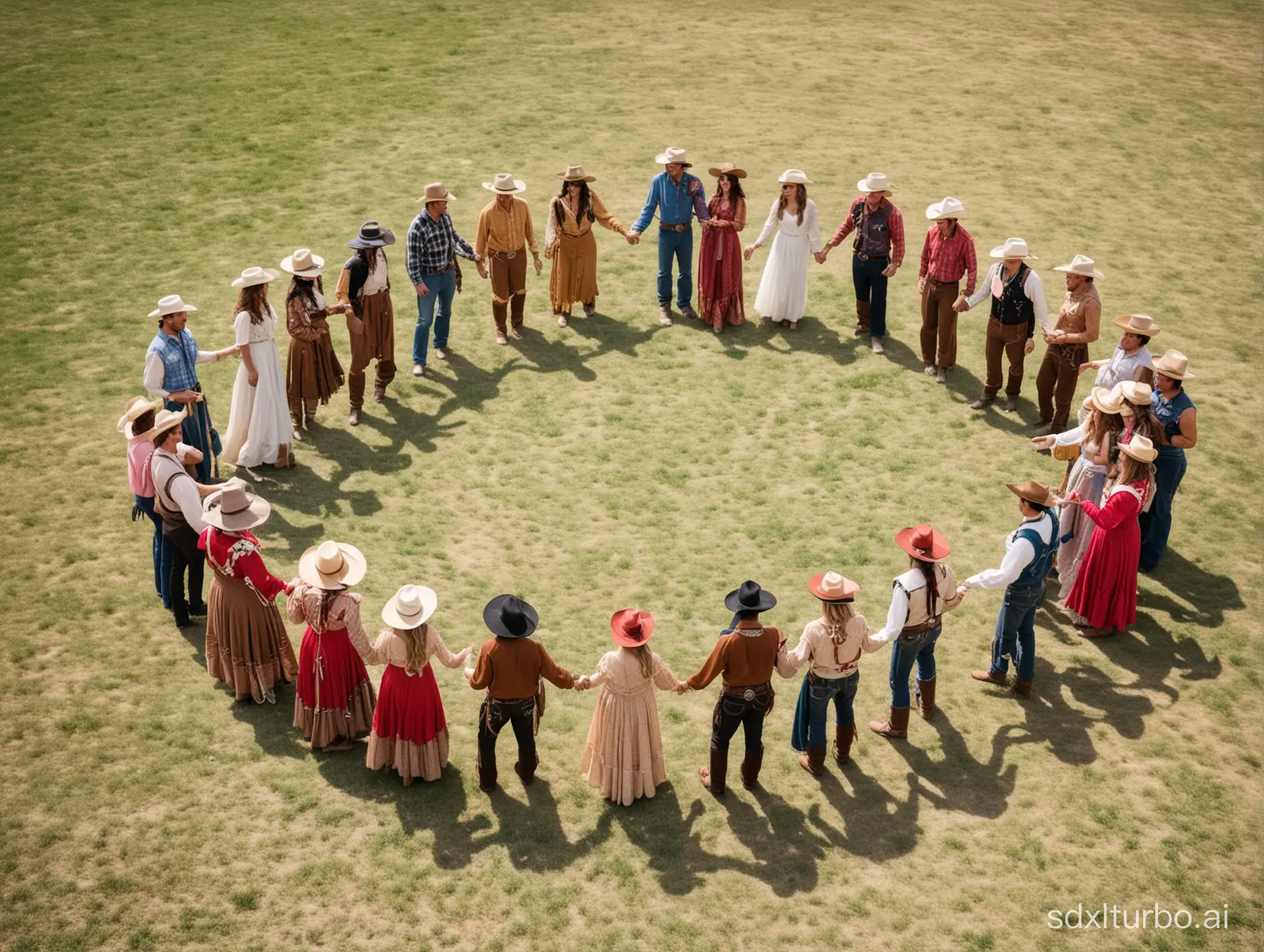 In a large outdoor yard several pairs, hand in hand, in cowboy party costumes, form a large circle, with alternating couples, man holds woman's hand
