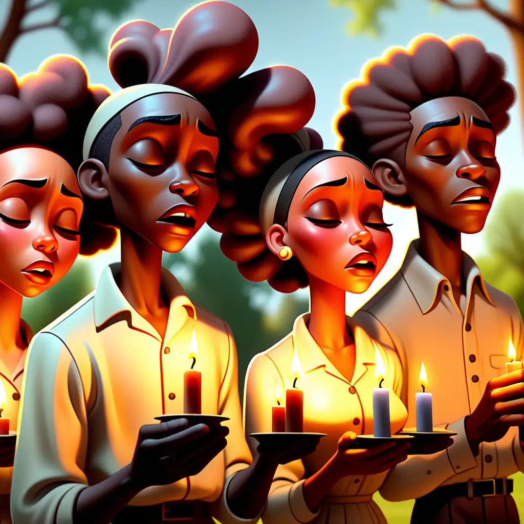 1900s cartoon-style African Americans with their eyes closed with lit candles in the park in New Mexico 