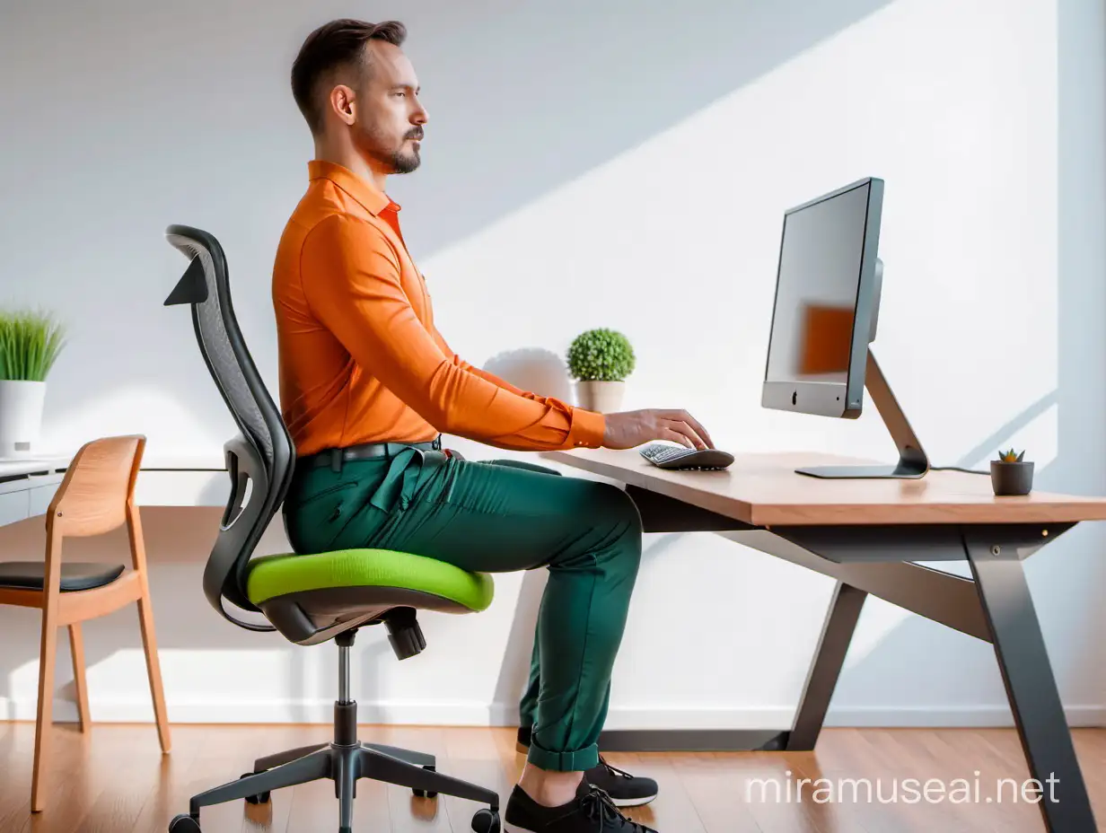 ein Mann sitzt am Arbeitsplatz vor dem Monitor am Arbeitstisch im Homeoffice. Die Sitzhaltung ist richtig. Auch die Beine sind auf dem Bild zu sehen. Die Person ist im Profil mit zu sehen.  Die Person stellt die beine gerade im 90 Grad Winkel. Auf dem Bild soll ein bisschen orange, grün und grau dabei sein.