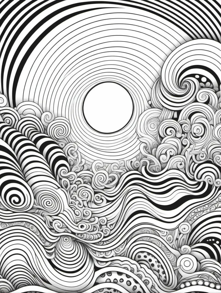 line work, coloring book page for adults, 1960's psychedelic, black and white, thick lines, no shading, vector file