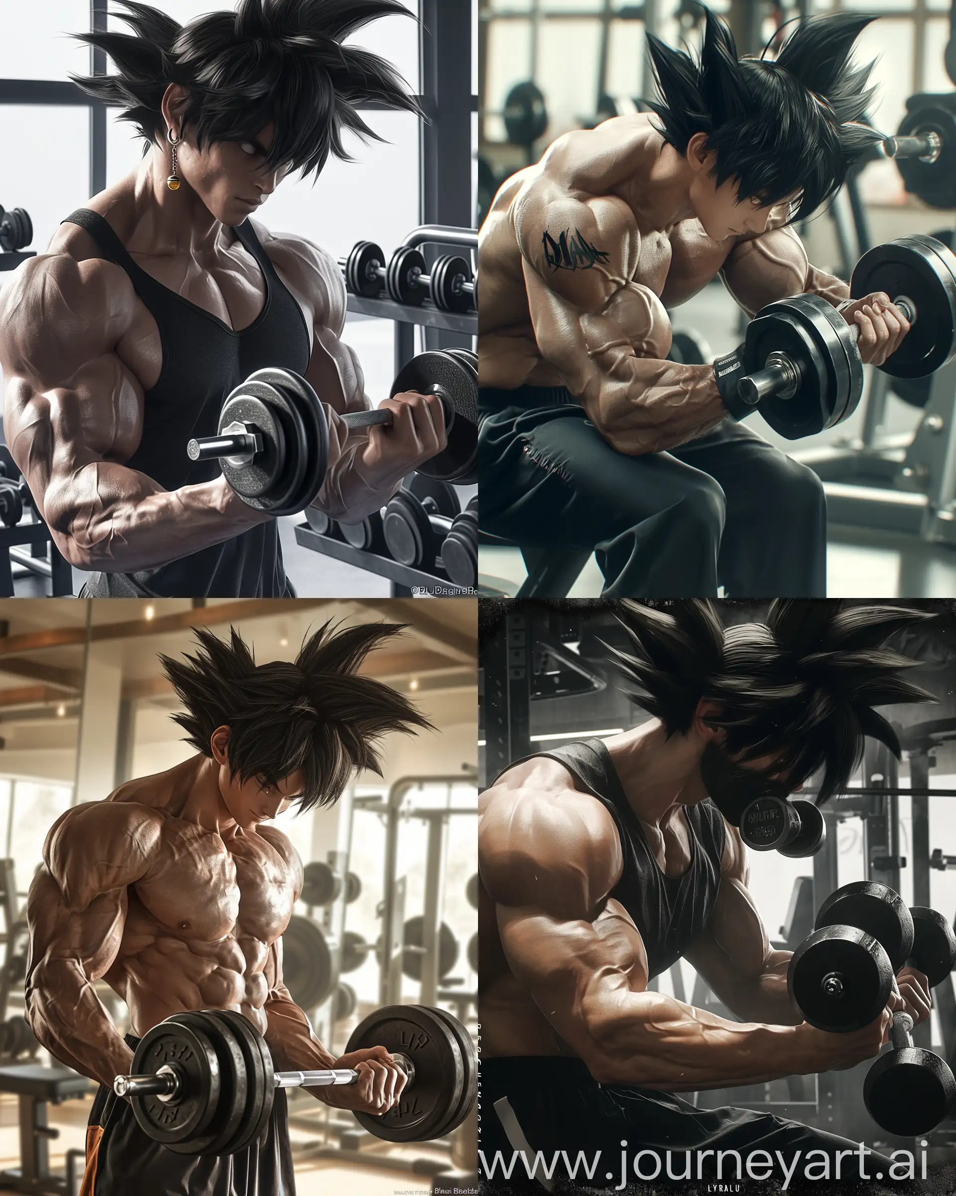 Full body Portrait photography of Goku black from dragon ball in gym lifting weights, hyperrealistic,  hyperrealism 32k UHD HDR --ar 4:5 --s 1000 --niji  6 --style raw