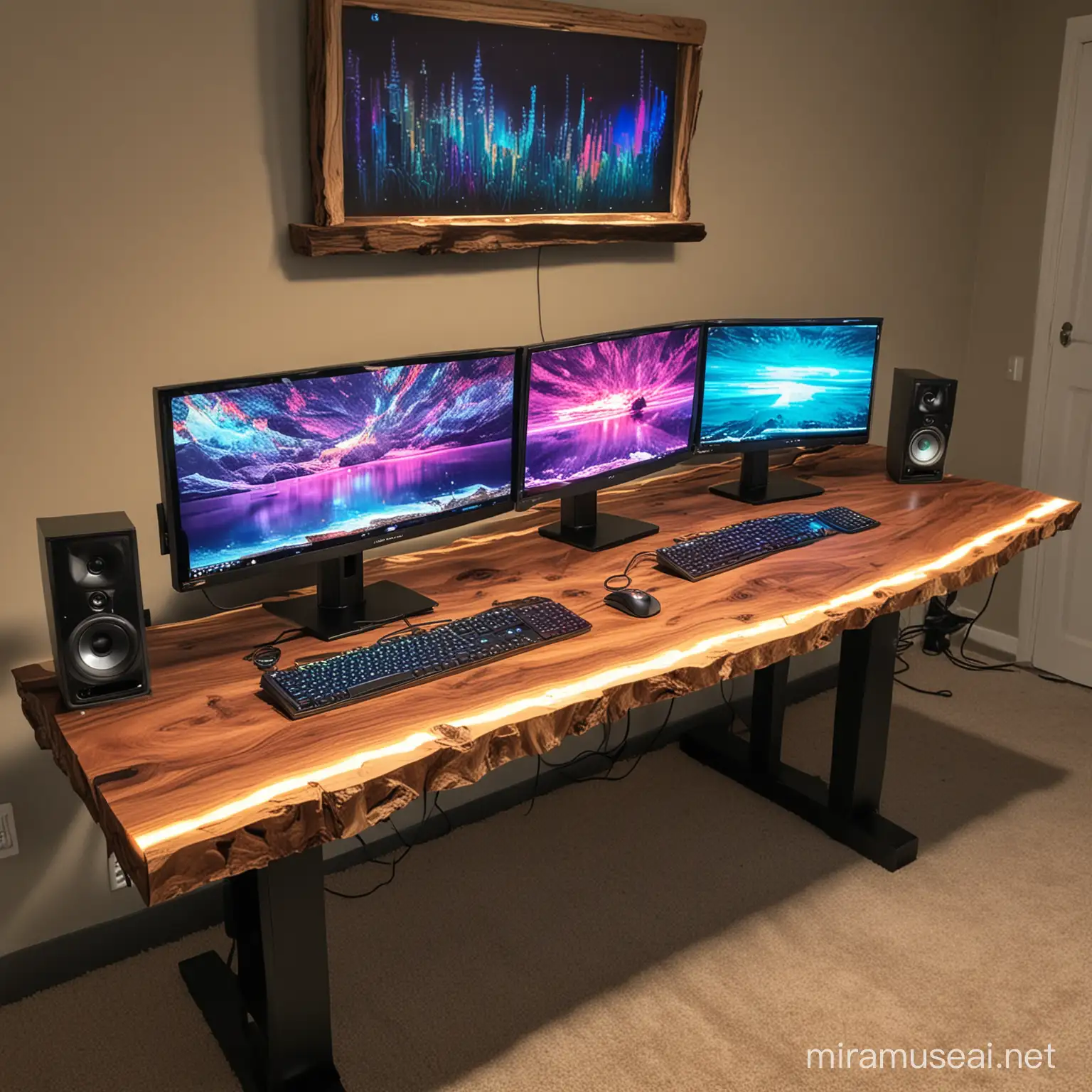 high end computer setup on a live edge table with RGB lighting.
