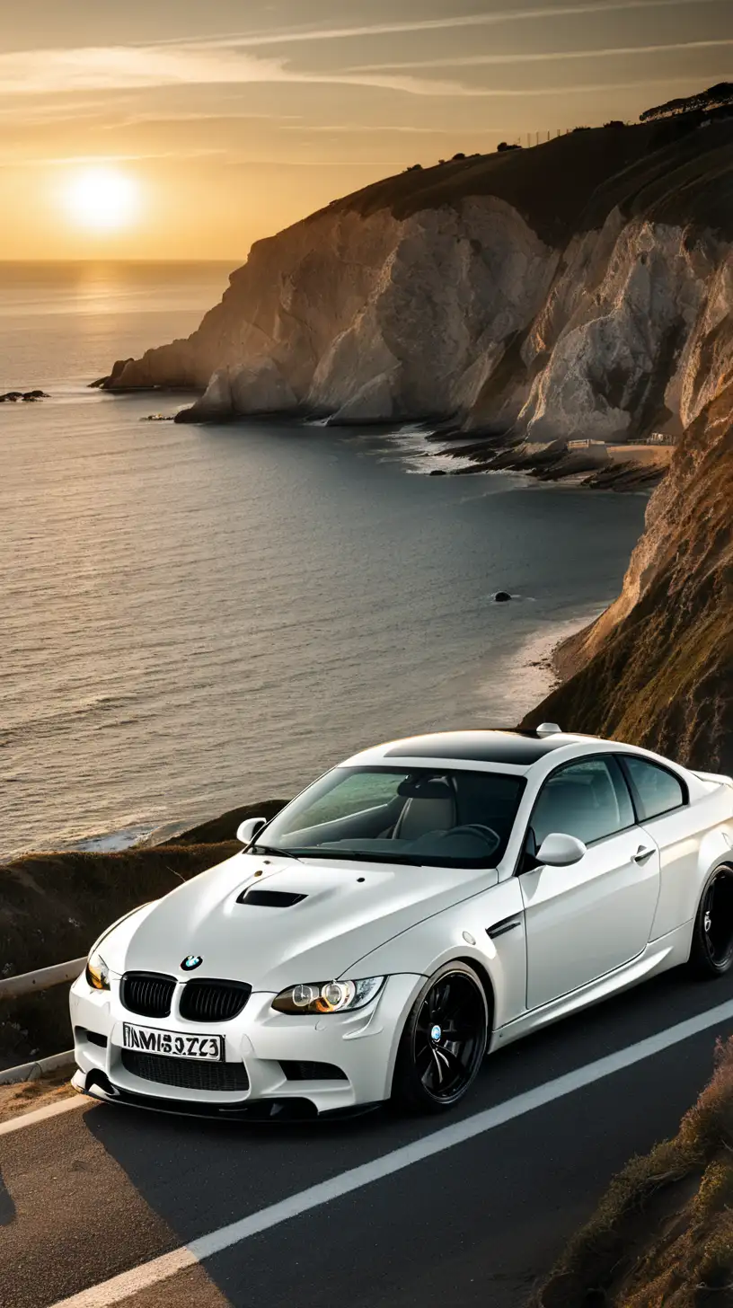 BMW e92 pearl white with carbon sunset near sea coast on cliff