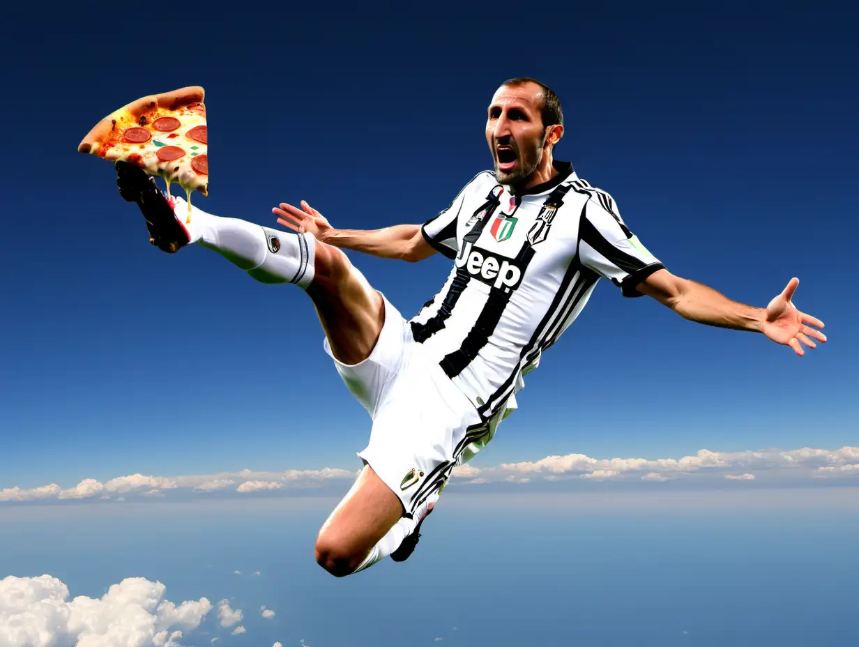 Giorgio Chiellini flying in the sky with a pizza


