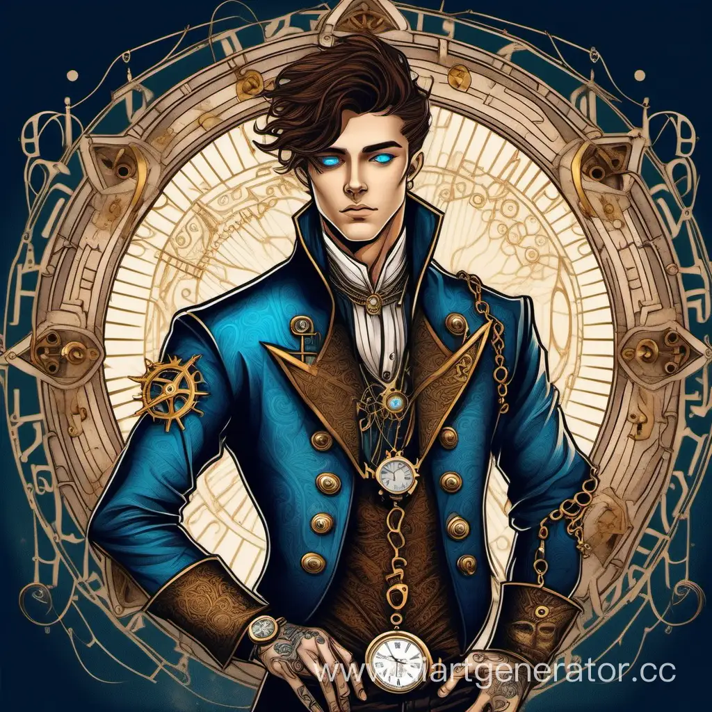 A young man with thick brown hair, bright blue eyes, a tattoo in the form of a star and lines runs through his left eye, is dressed in a doublet with a gold pattern, a watch on a chain hangs around his neck, steampunk, excellent quality, realism