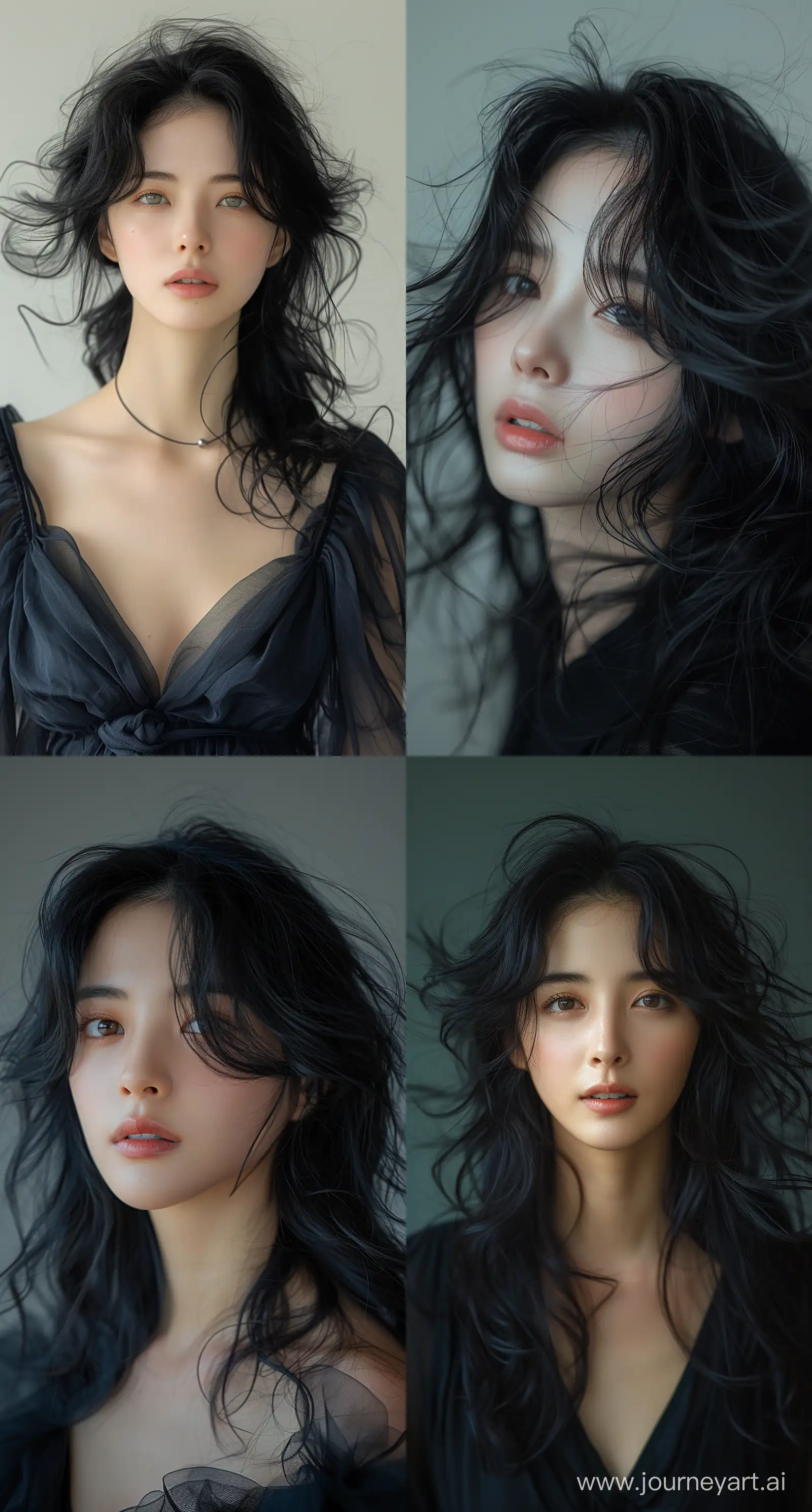a woman with flowing, black hair is posing, in the style of dain yoon, soft edges and blurred details, captures raw emotions, multilayered, soft edges, wavy, distinct facial features --ar 69:128 --stylize 750 --v 6