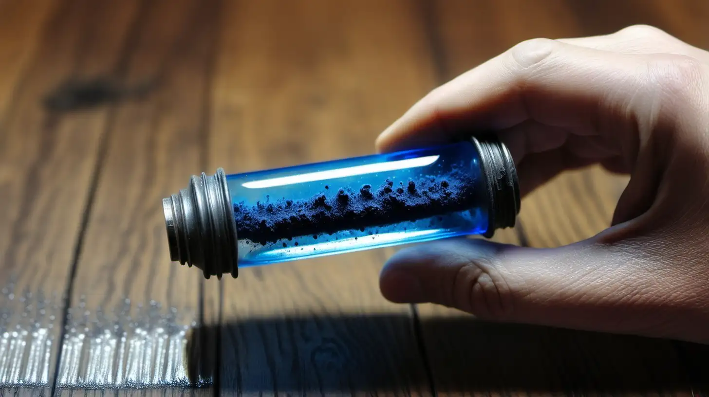hand holding blue glass mini tube with dark dust inside on wood floor.