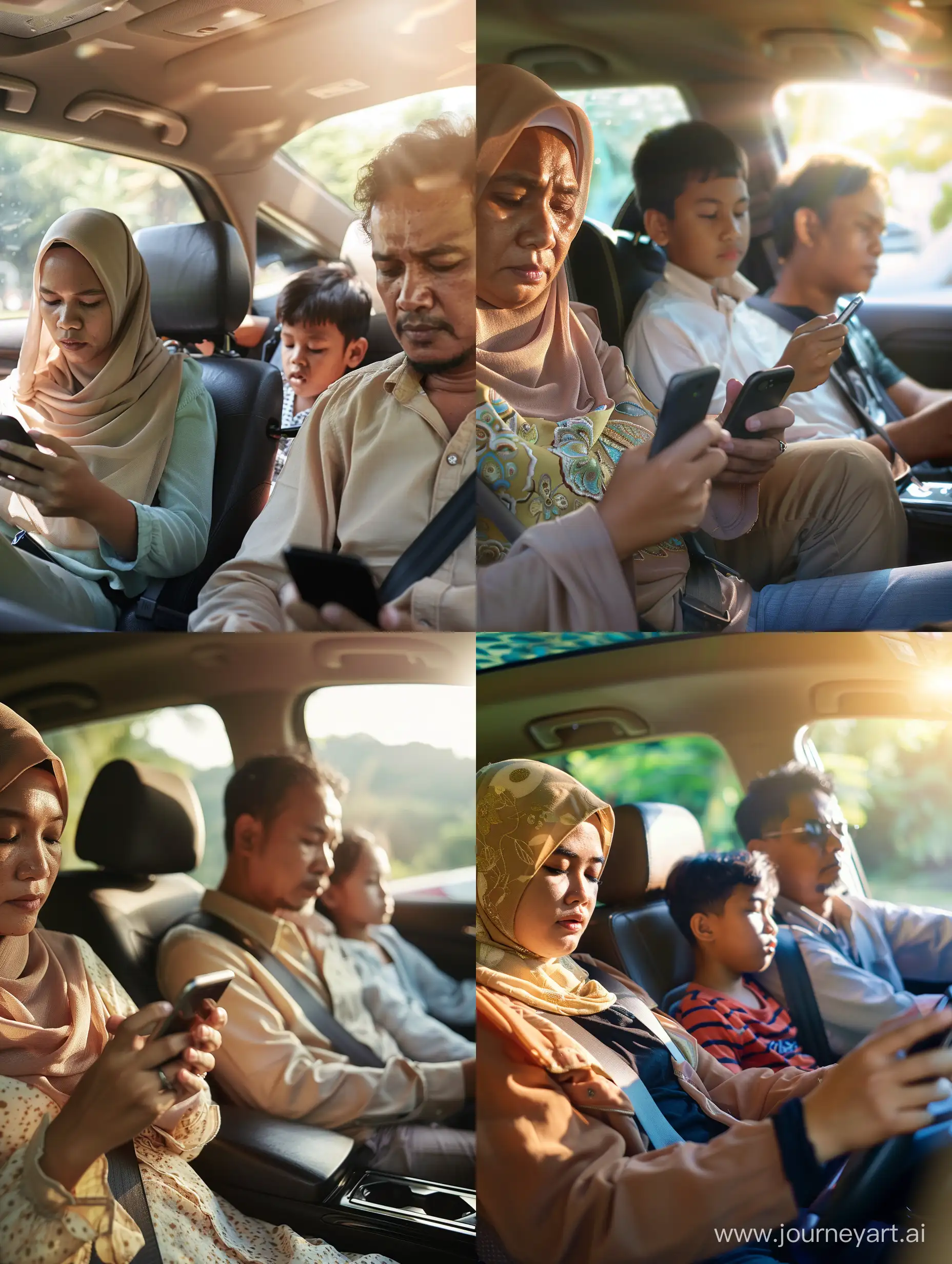 Ultra realistic, close up . atmosphere in the car. malay family. mother sitting on the left looking at the mobile phone. his two teenage children sitting in the back looking at each other's cell phones. mother wears a hijab. only Dad was driving with a sleepy face and not holding his mobile phone. they are on their way to vacation. there is sunlight. there is sunlight. canon eos-id x mark iii dslr --v 6.0