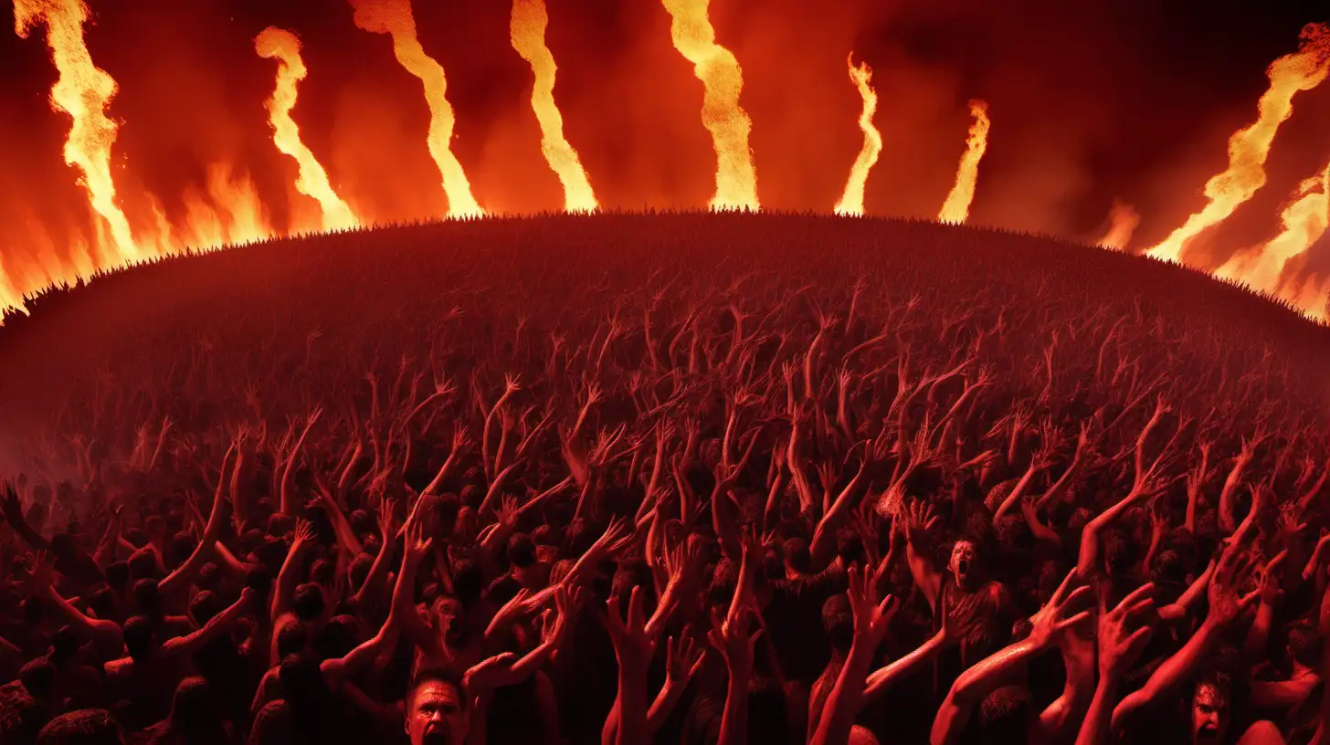 thousands of people screaming in the lake of fire in hell