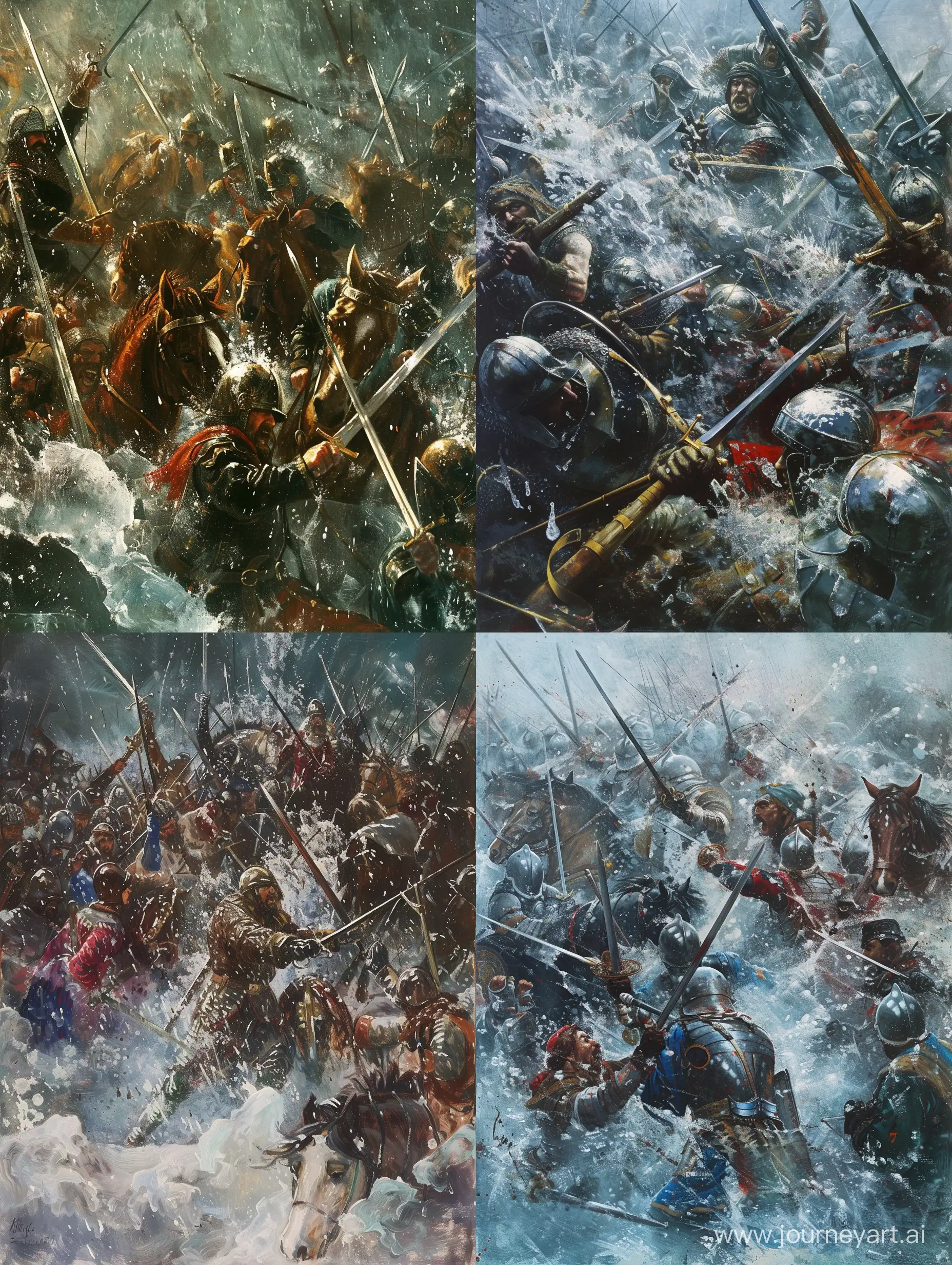 битва александра невского,ледовое пблестят мечи шлемы ,обоеще,тонут кони люди,