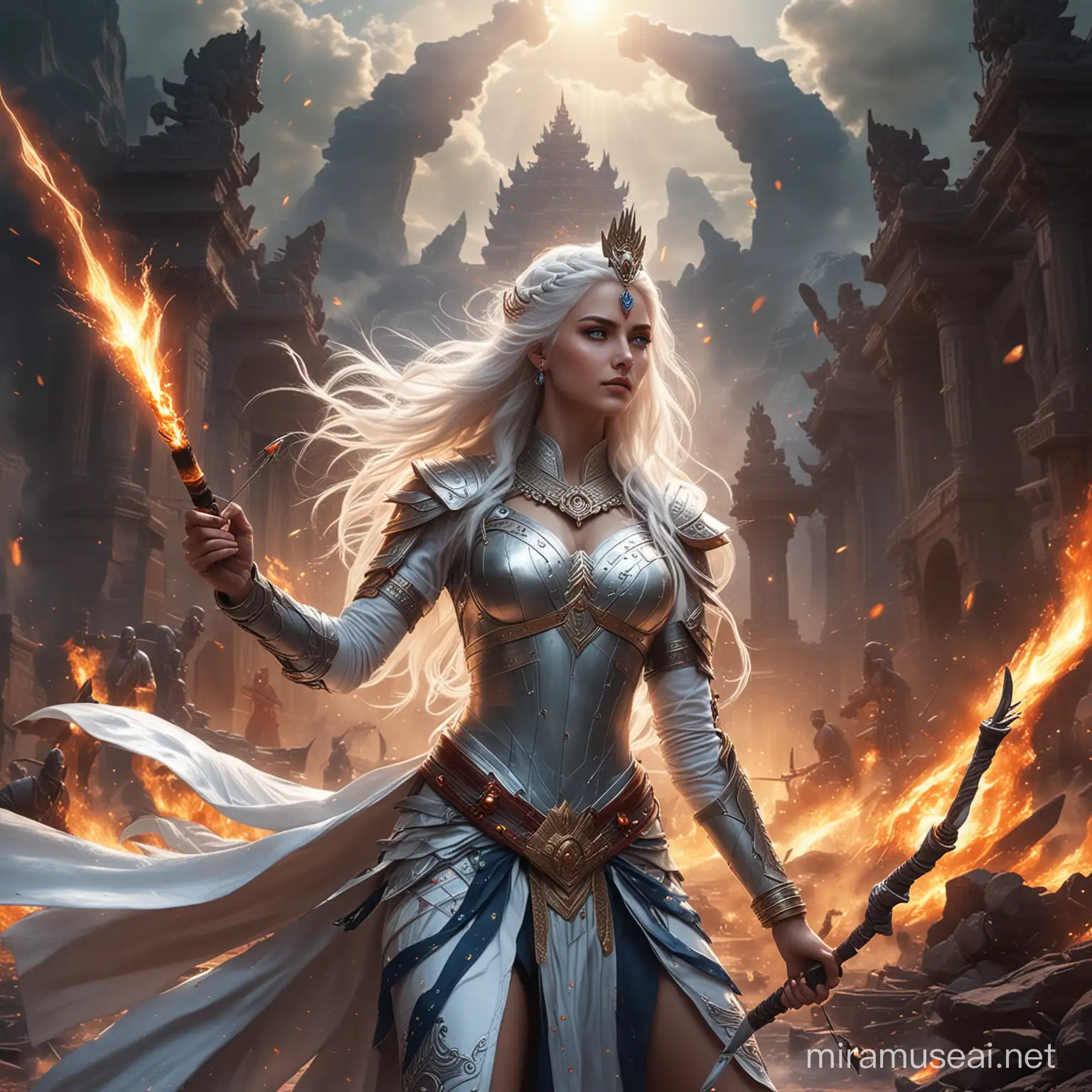 Powerful Young Empress Goddess in Combat with Fire and Lightning Against Hindu Demonic Forces