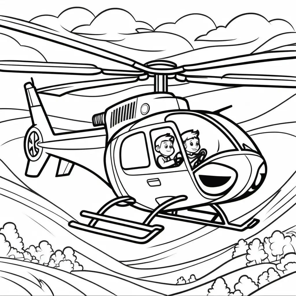Cartoon Style Coloring Page Boy Driving Helicopter