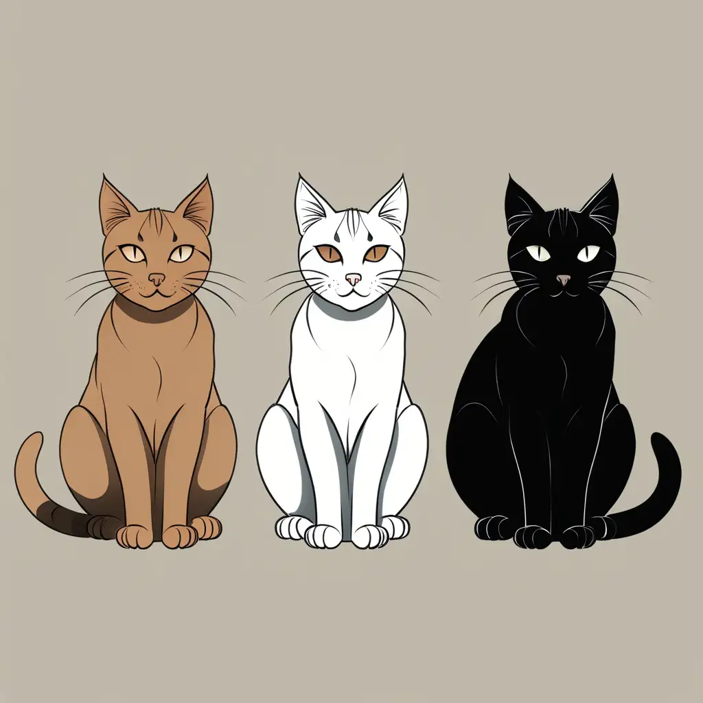 Simple drawing of 3 feral cats, one black cat, one brown cat, and one grey cat