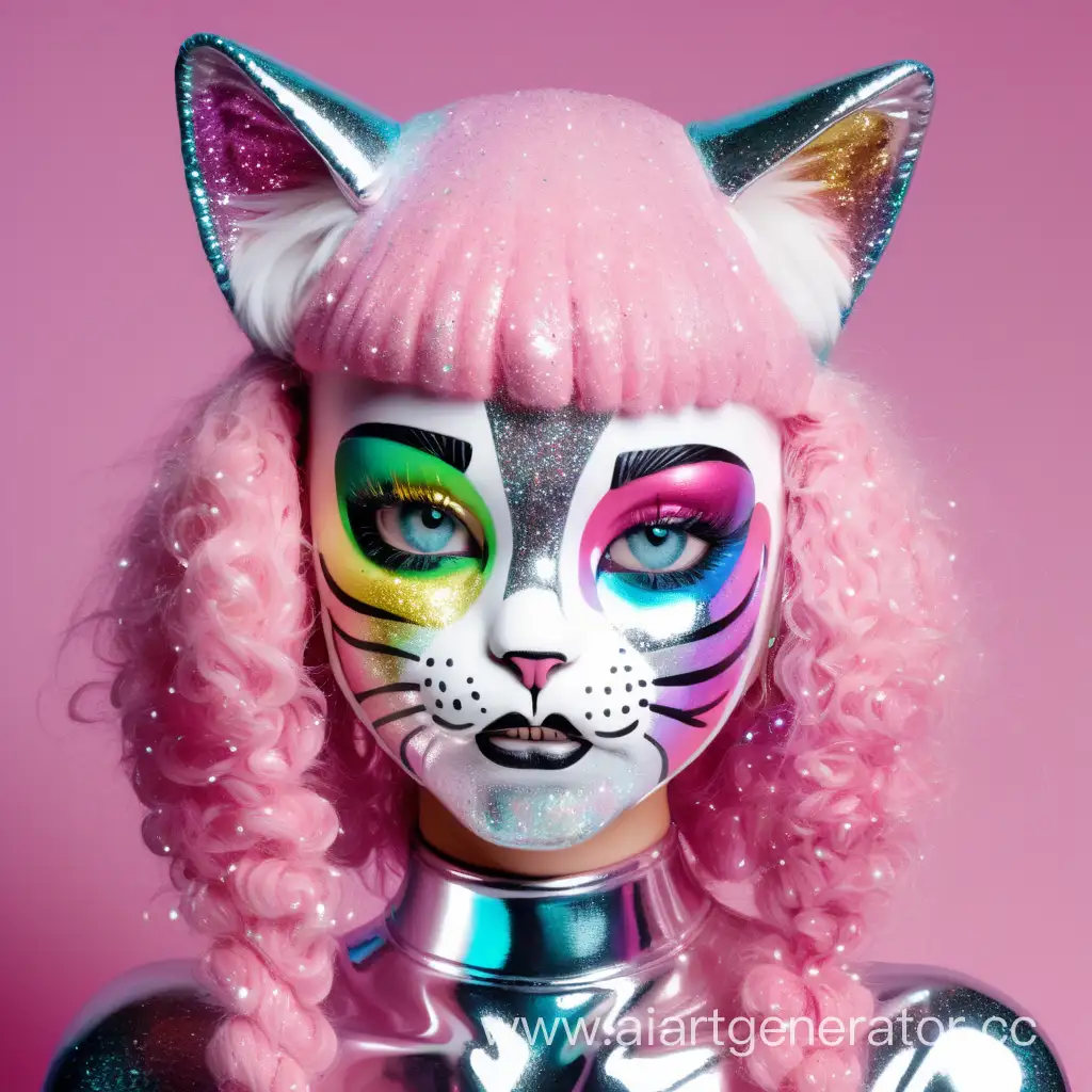 Cute-Latex-Girl-Furry-Cat-with-Rainbow-Glitter-Skin-and-White-Rubber-Face