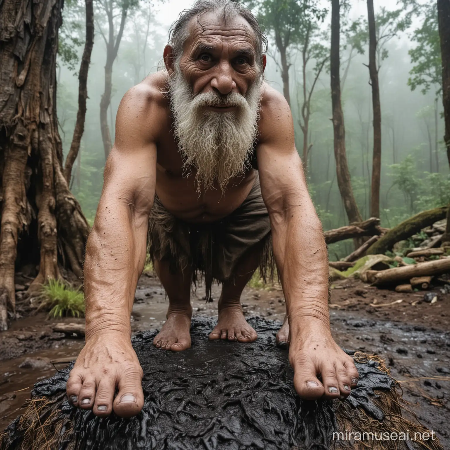 troll,large feet,large hand,loincloth,dumpy,chubby,primitive,hairy,long beard,old age,rainy,wet dirty black mud cover hand and feet,in the mountain,standing on tree trunk