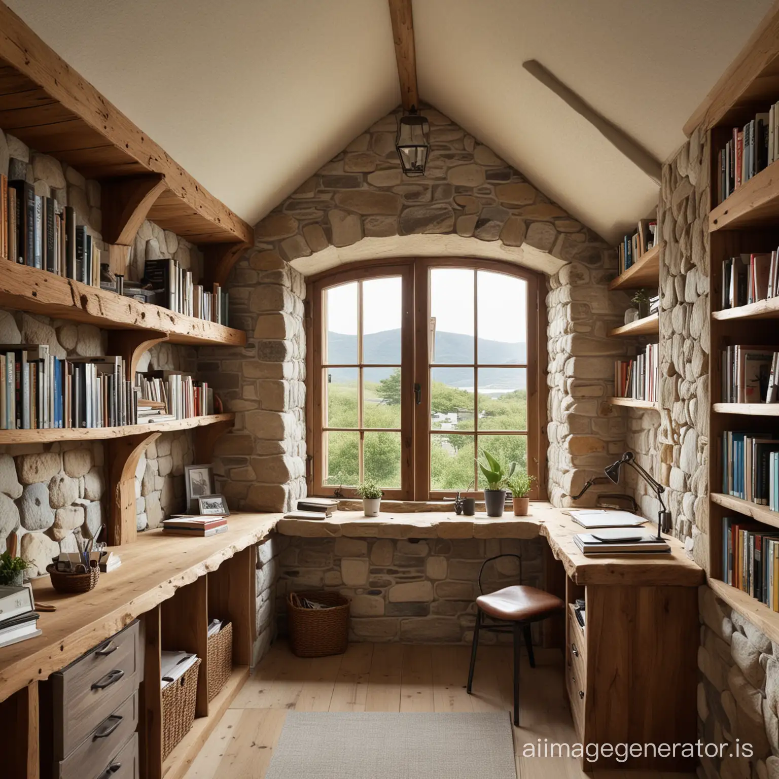 Rustic small office in a stone sea cottage, one small window with a built-in seat, high wood lean-to ceiling, bookshelves lining one wall, high definition