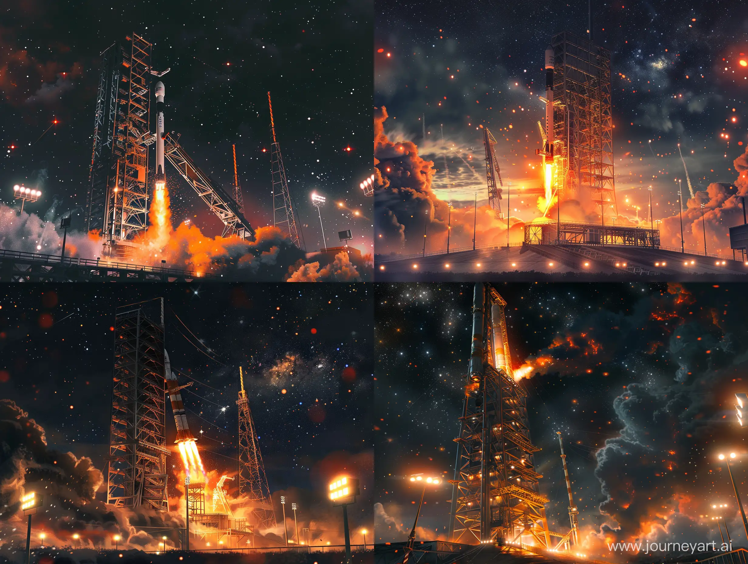 A photorealistic illustration of a massive steel launch pad structure against a dark sky with stars, with a rocket on the pad being prepared for launch, with orange flames and smoke coming from the rocket's engines, with the scene lit by floodlights and spotlights. --v 6 --ar 4:3 --no 12508