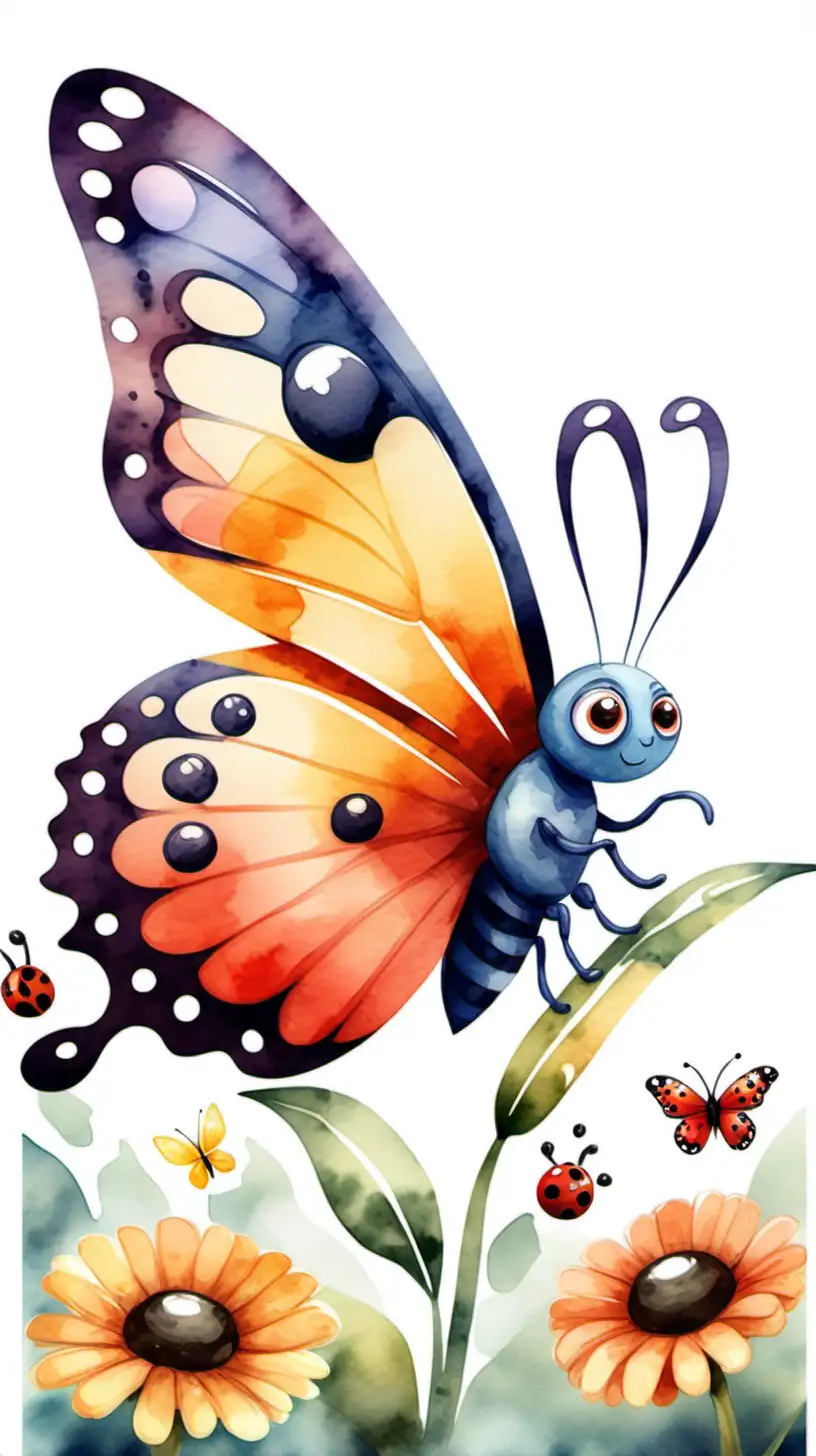 generate an image of a butterfly for a children's book in watercolor style, make the butterfly cartoon like with a face , make her in a garden surrounded by butterflies, lady bugs and bees