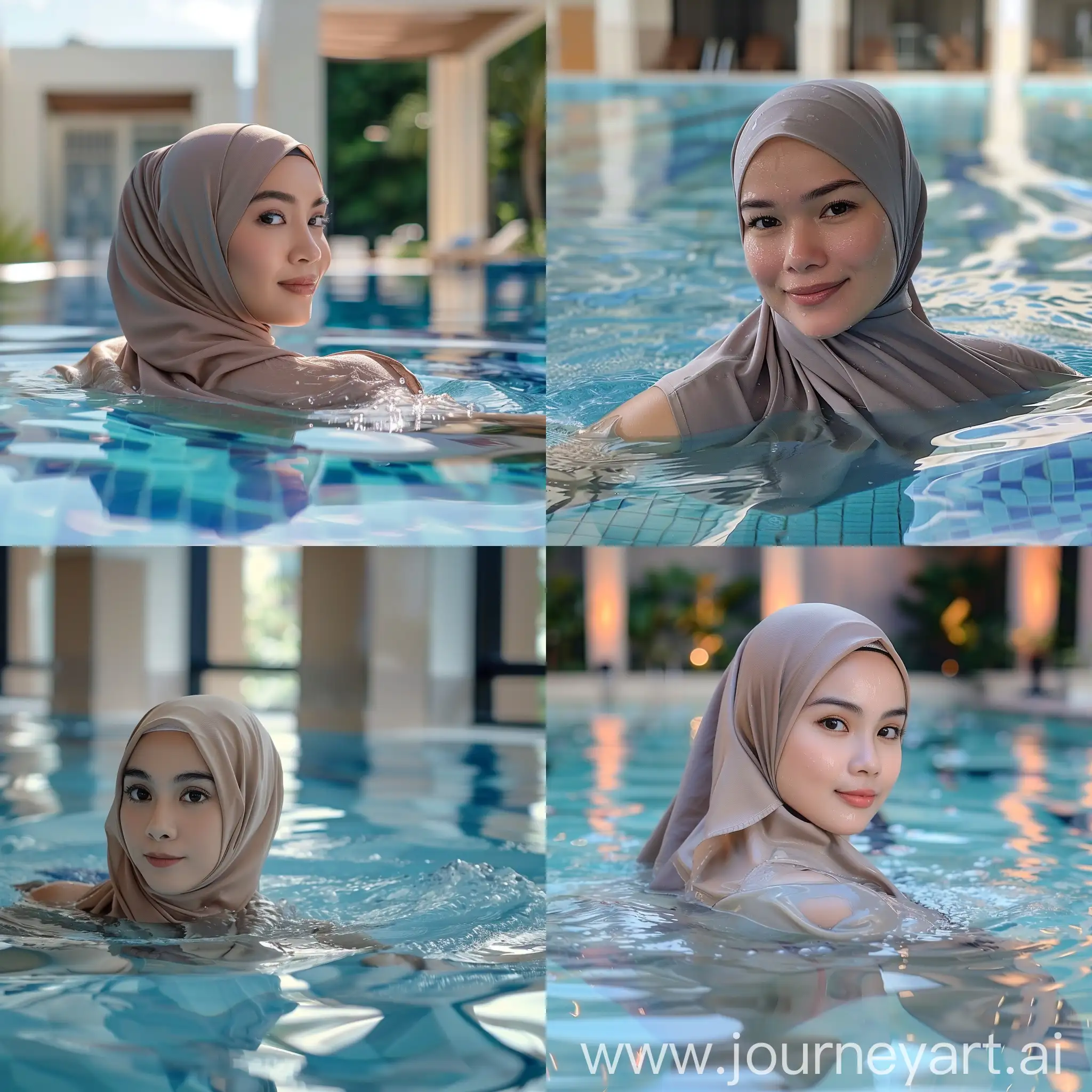 a beautiful Indonesian hijab woman is in the swimming pool