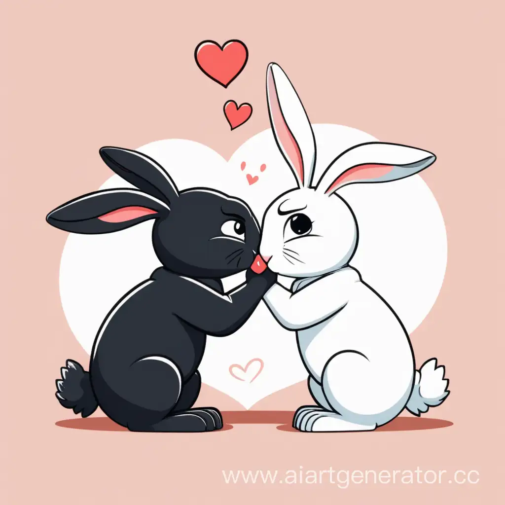 Affectionate-Black-and-White-Rabbits-Share-a-Heartwarming-Kiss-in-Playful-Cartoon-Scene