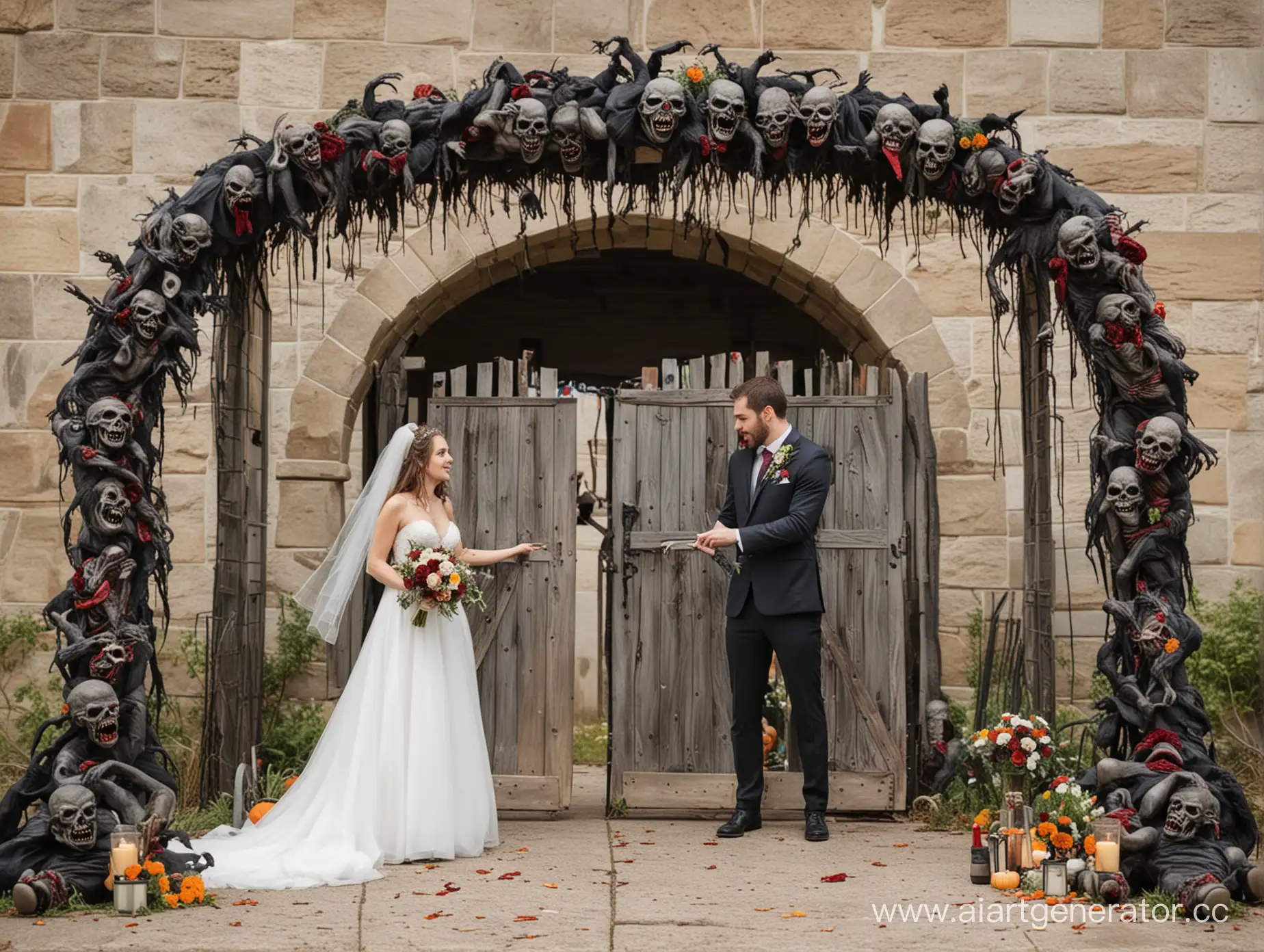 Zombie-Newlyweds-Archway-Gothic-Wedding-Decor-with-Undead-Flair