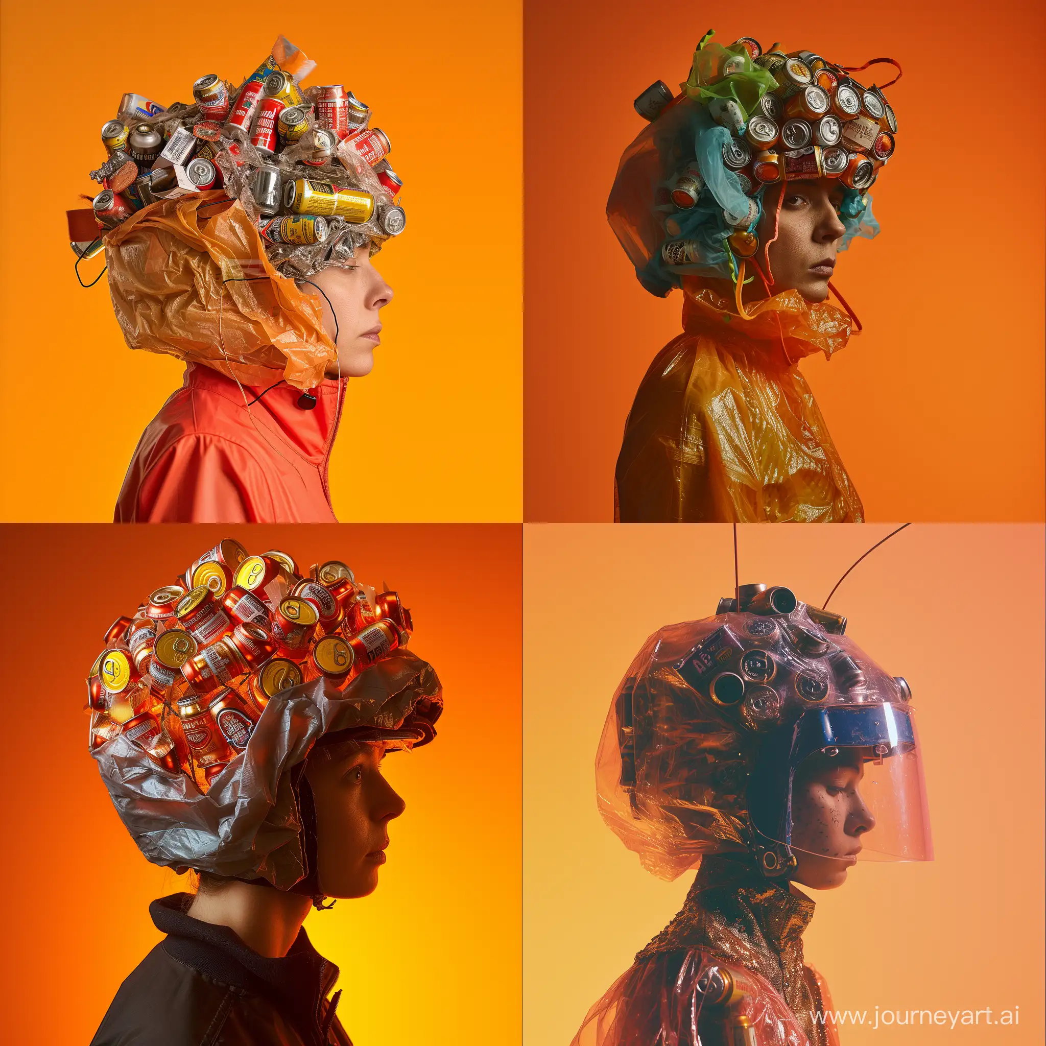 Eclectic-Fashion-Statement-Garbage-Bag-and-Beer-Can-Helmet-under-Studio-Lights