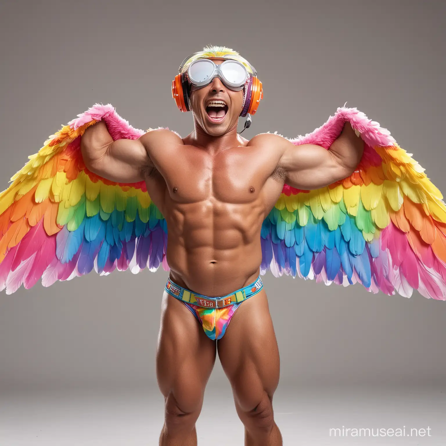 Full Body to feet Capture Topless 40s Ultra Beefy IFBB Bodybuilder Man Wearing Multi-Highlighter Bright Rainbow Coloured See Through Eagle Wings Shoulder Jacket Short shorts Arms Up Flexing Big Strong Arm with Doraemon Goggle