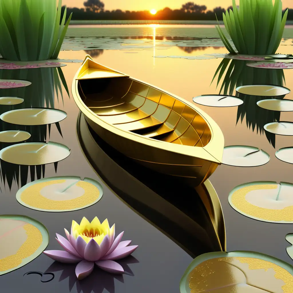 Golden boat, pond covered with water Lilly, sunset in distance 
