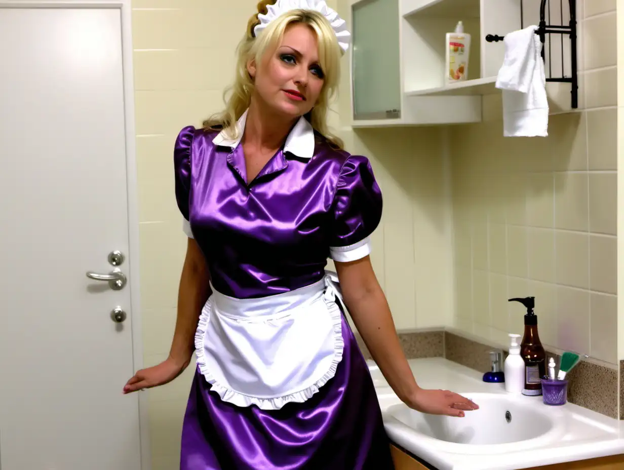 girl in long lila  satin maid uniforms and  milf mothers blonde hair clean bathroom and kitchen