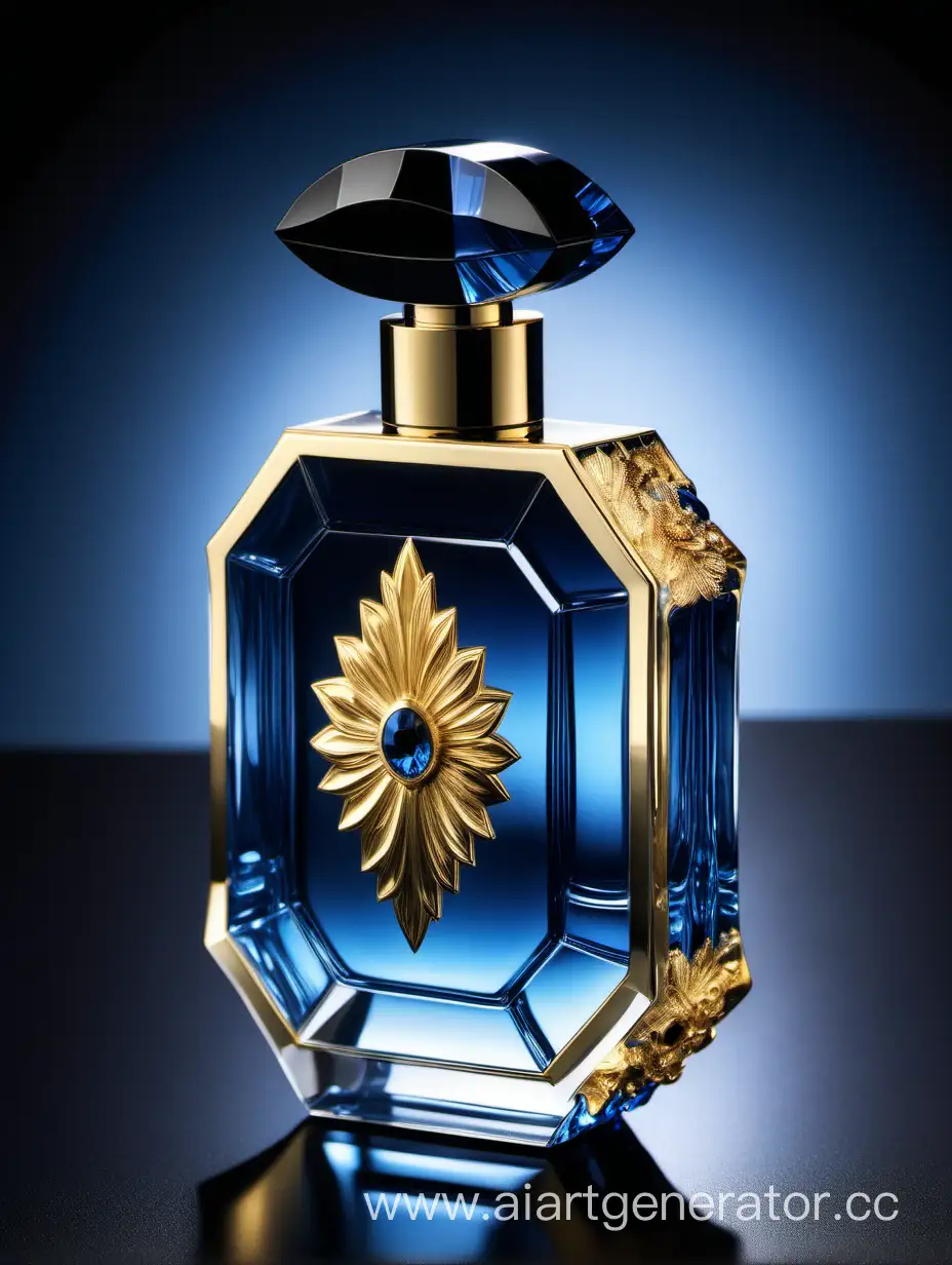 Elegant-Crystal-Clear-Perfume-Bottle-in-Blue-Black-and-Gold