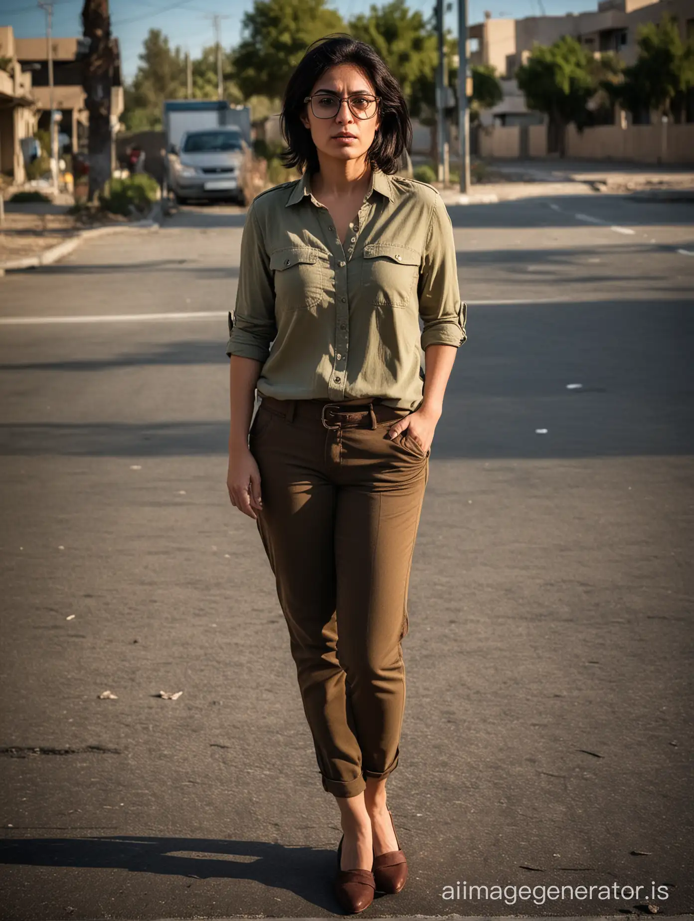 Iranian sad woman 40 years old, brown pants, brown shoes, olive shirt, glasses, black hair, full body shot, in a parking, dramatic lighting