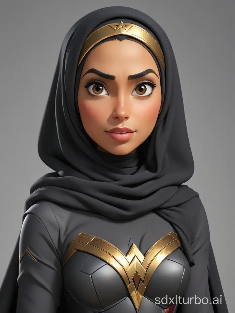 Caricature of a wonder woman with black hijab, wearing a black Muslim clothes, gray background
