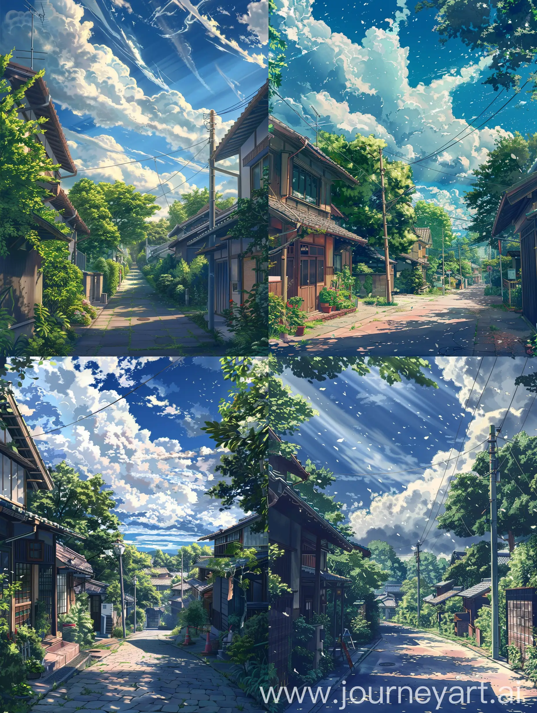 Anime style,a Breathtaking view, garden of woods inspired,makato shinka style,a little bit of reality touch but stylized,ghibli studio touch with a very few professional partial touch which is anime style,a scene of street in summers,it's afternoon time when everybody is resting in their house,beautiful house side by,some trees,beautiful sky,long broken clouds,best view,a little windy,beautiful street path.